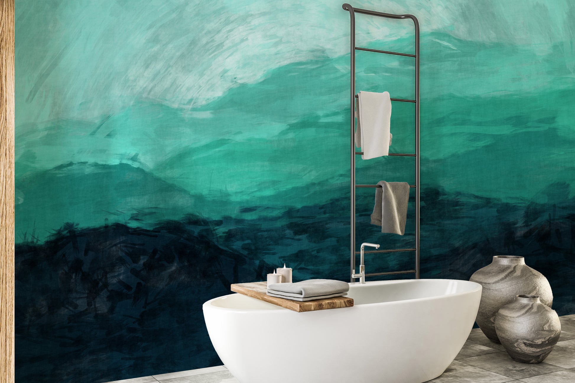 Bathroom Chic with Sea Green Mountain Wallpaper
