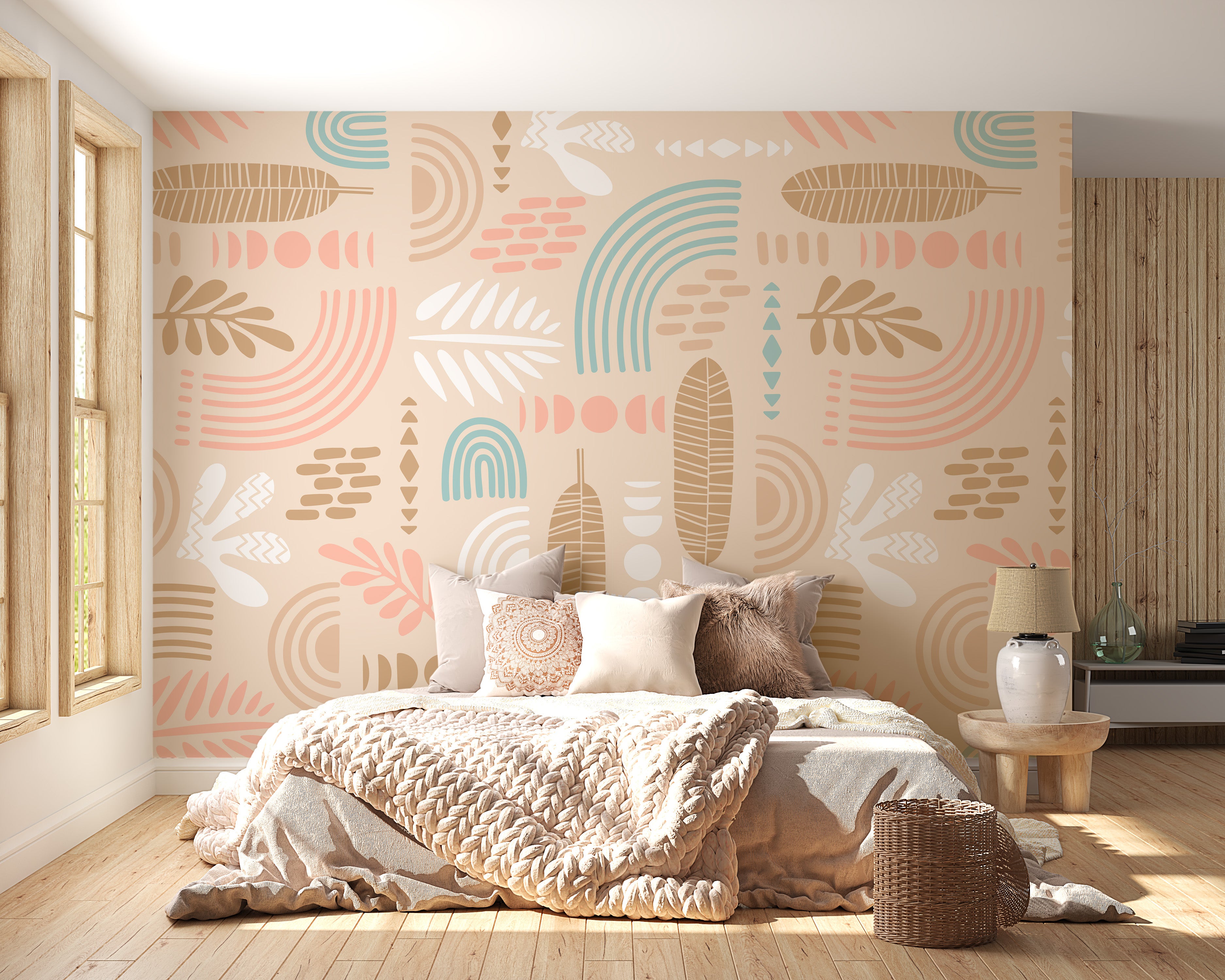 Bedroom Elegance: Beige Tropical Leaf Wallpaper
