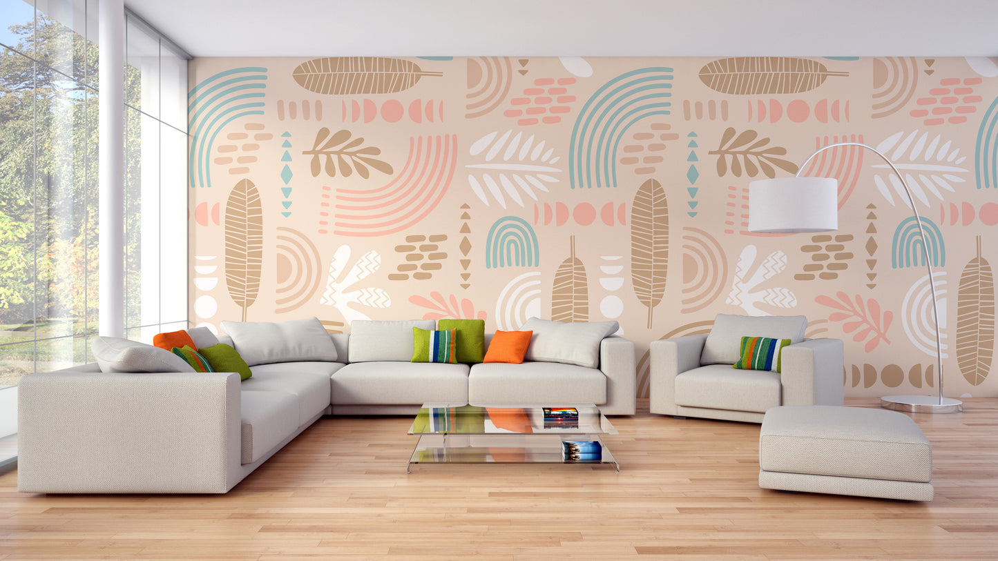 Living Room Focus: Beige Tropical Wallpaper Look