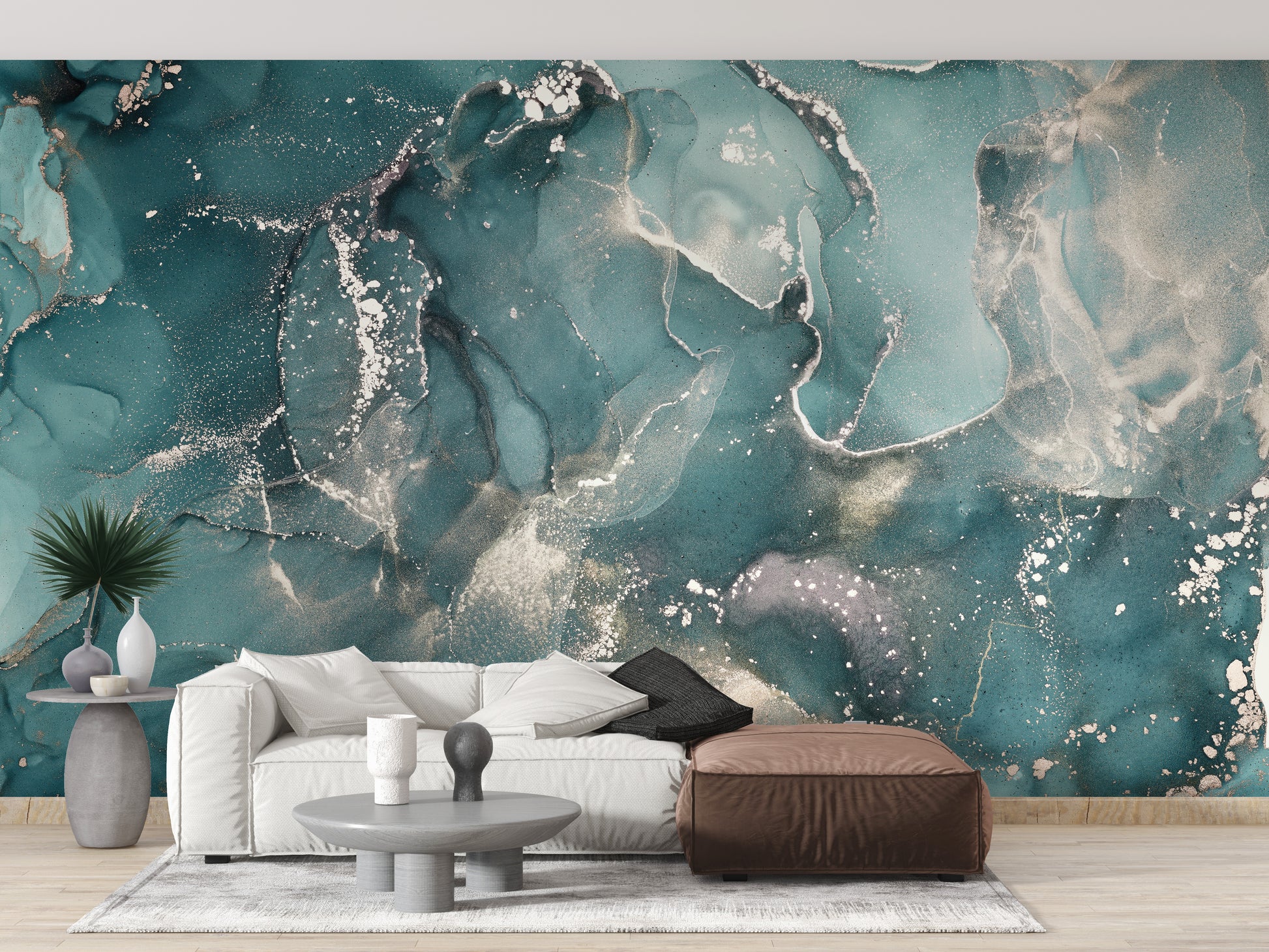 Living Room Focus: Teal Marble Wallpaper Splash