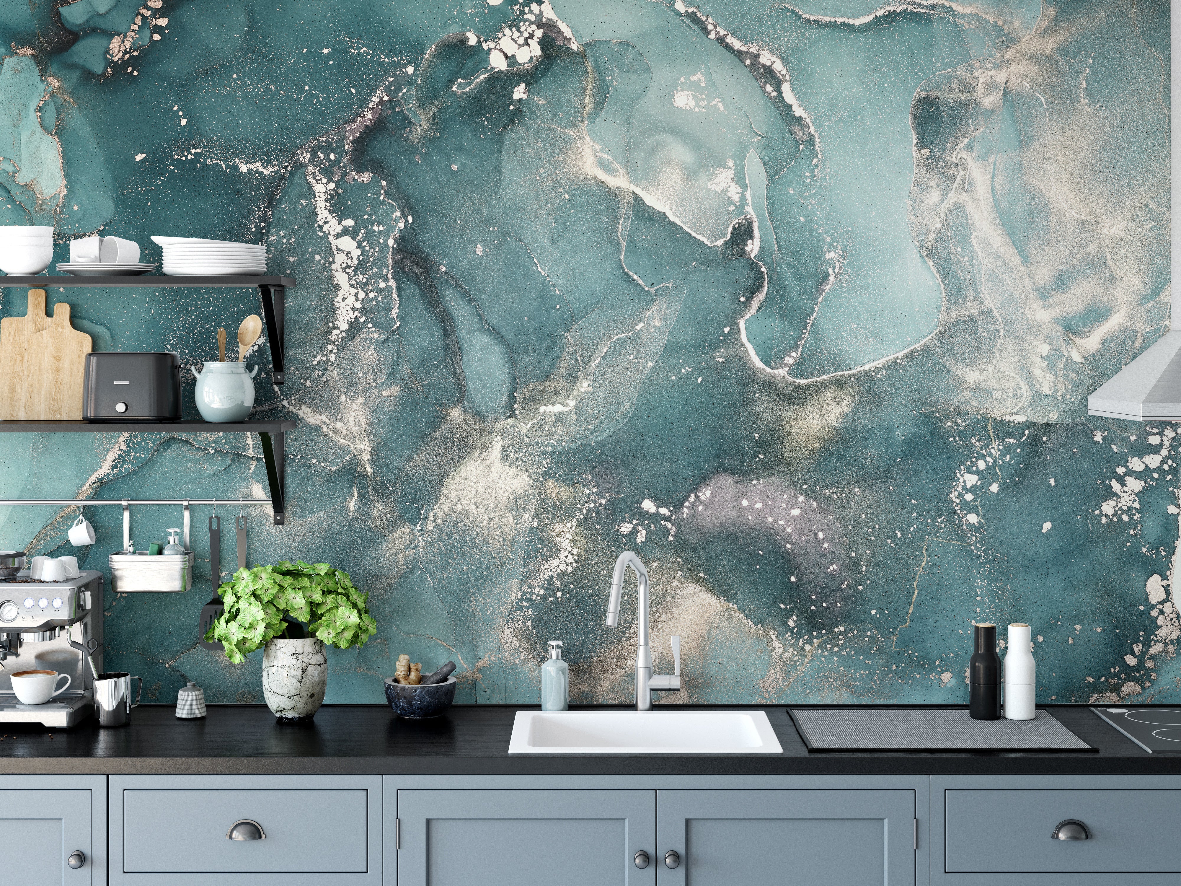 Kitchen Accent with Teal Marble Wallpaper Design