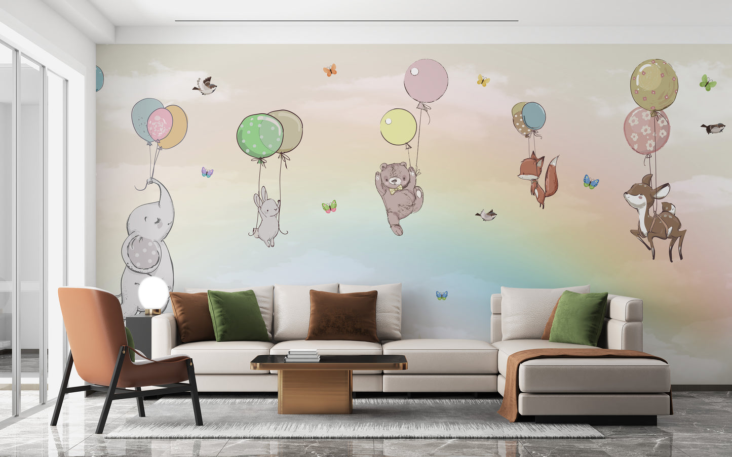 Flying Animals With Balloons Kids Room Wallpaper Mural