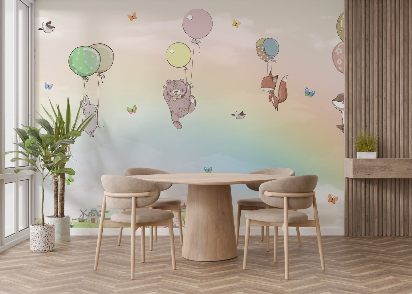 Flying Animals With Balloons Kids Room Wallpaper Mural