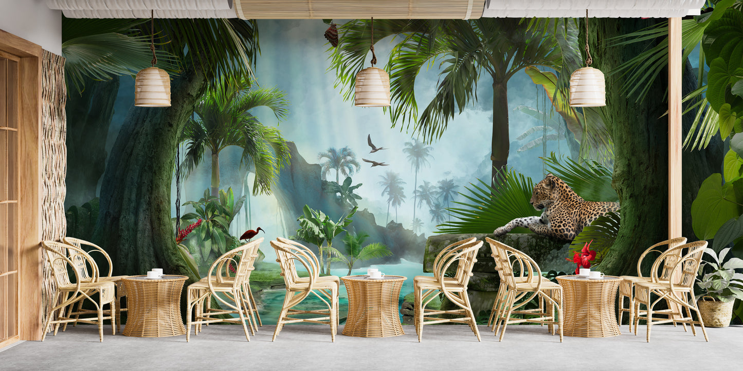 Tranquil lagoon with panther wallpaper decor