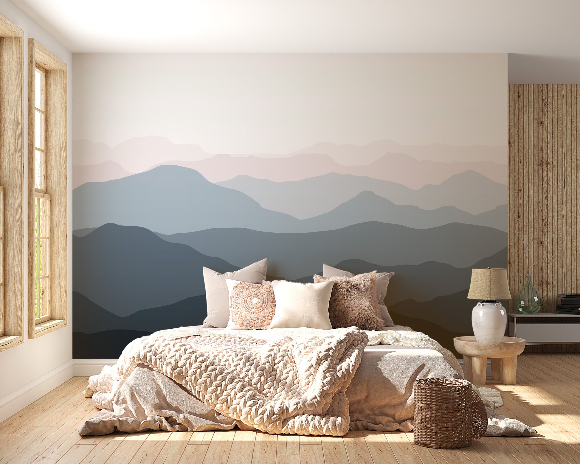 Dusky pink mountain wallpaper for interiors