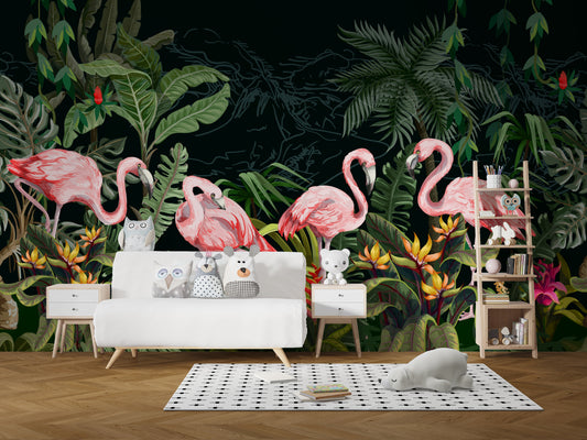 Enchanting Flamingos in Dark Forest Wallpaper