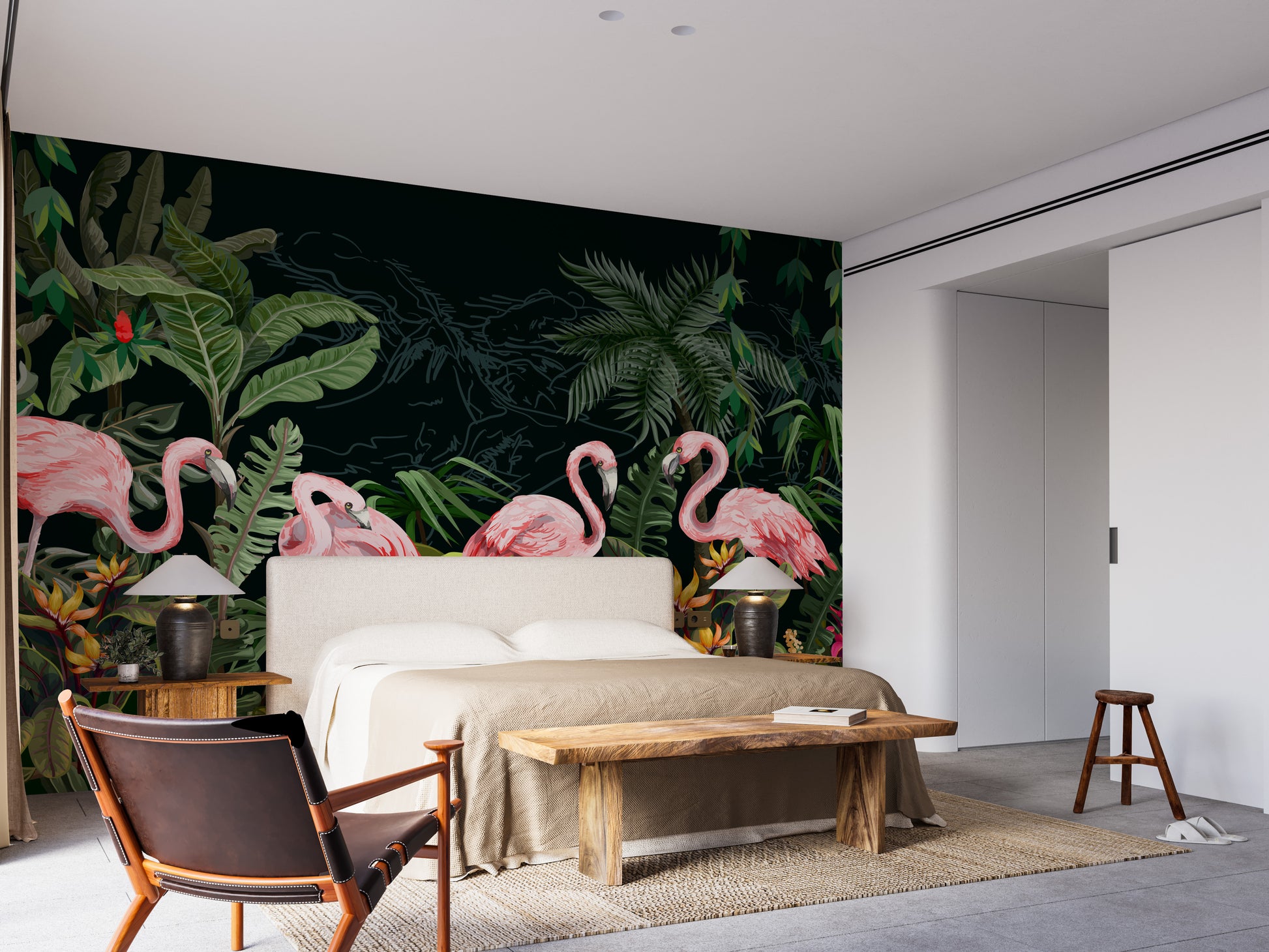 Peel & Stick Flamingos in Dark Forest Mural