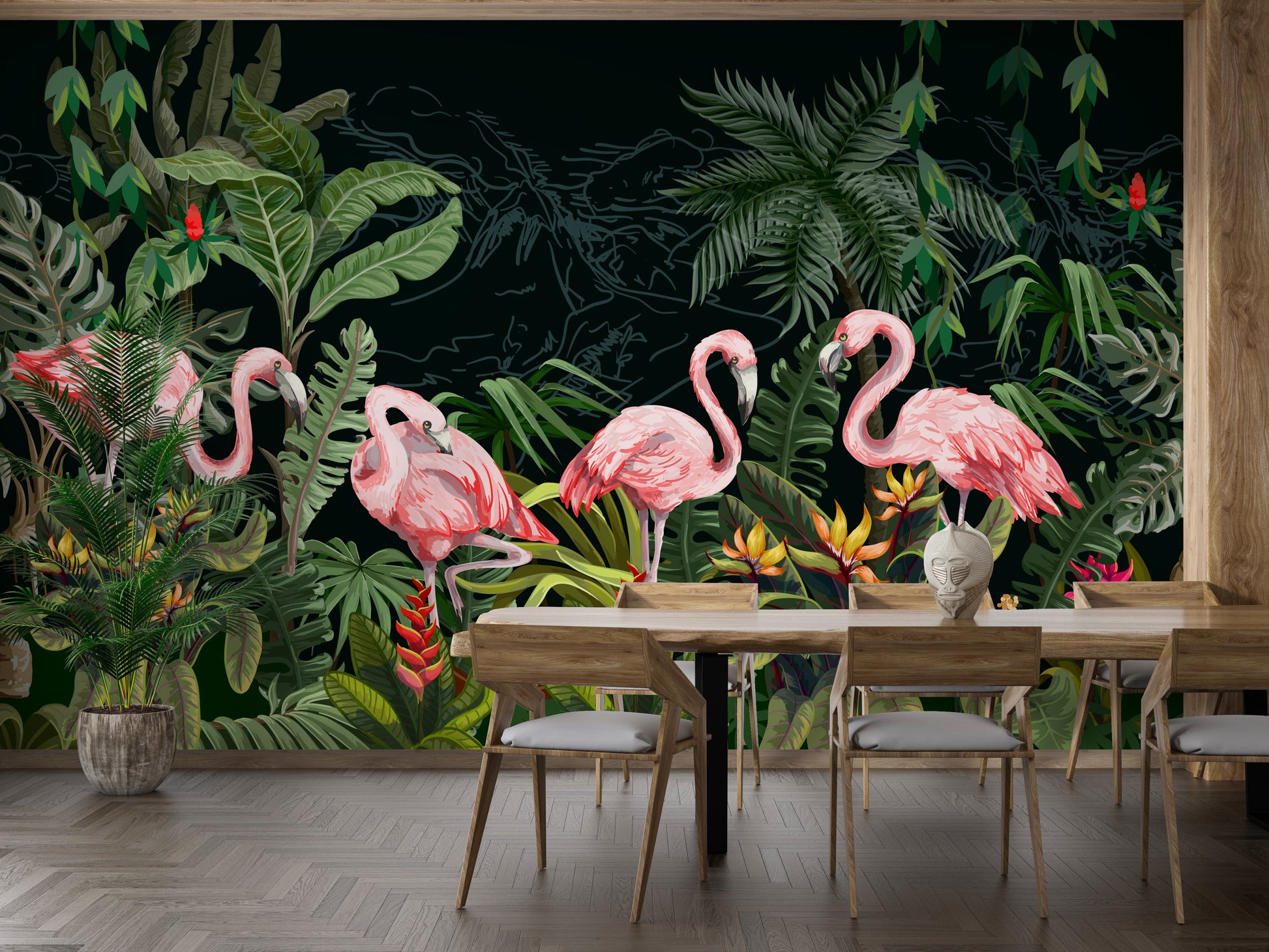 Flamingo Wallpaper with Dark Forest Backdrop