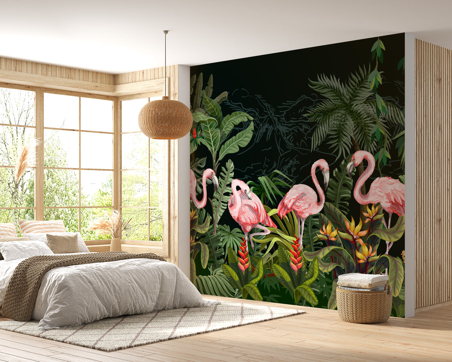 Flamingos in Dark forest wallpaper mural