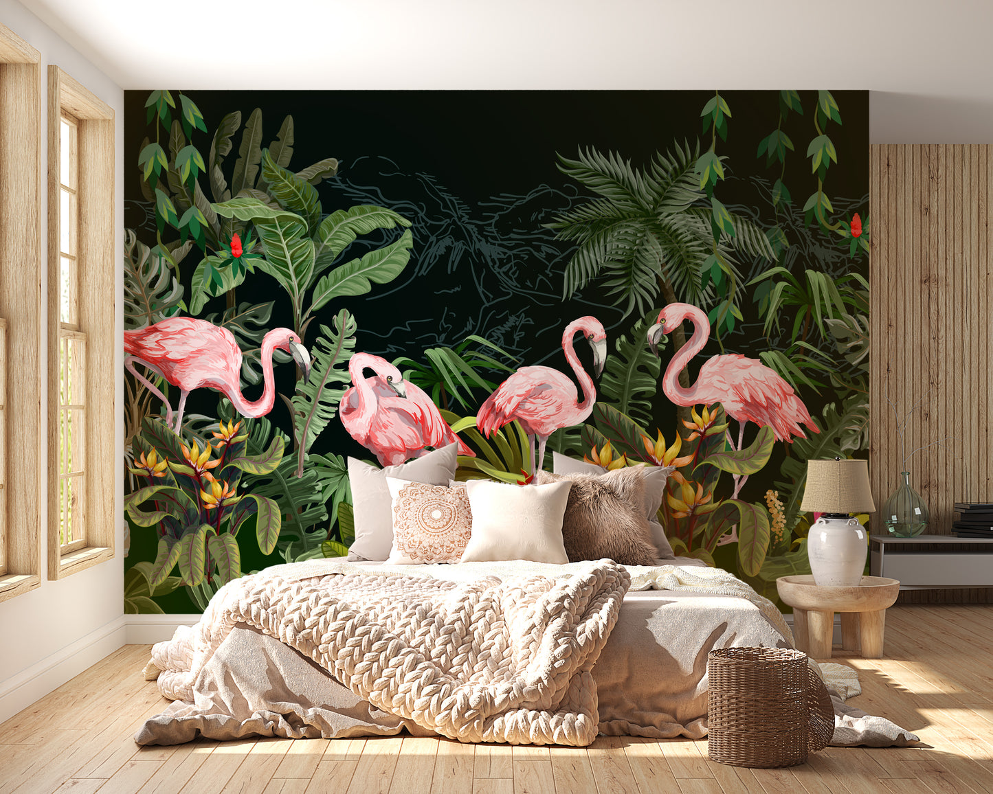 Flamingos in Dark forest wallpaper mural