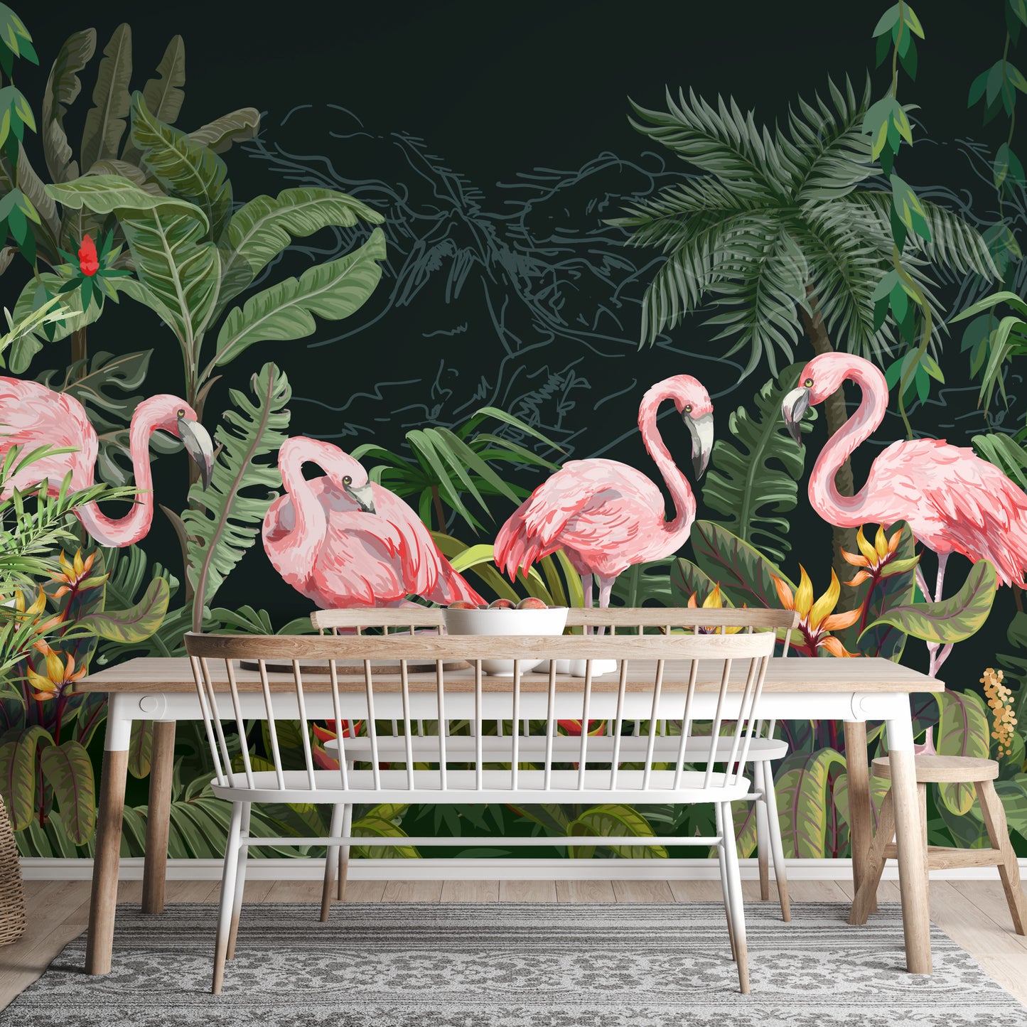 Flamingos in Dark forest wallpaper mural