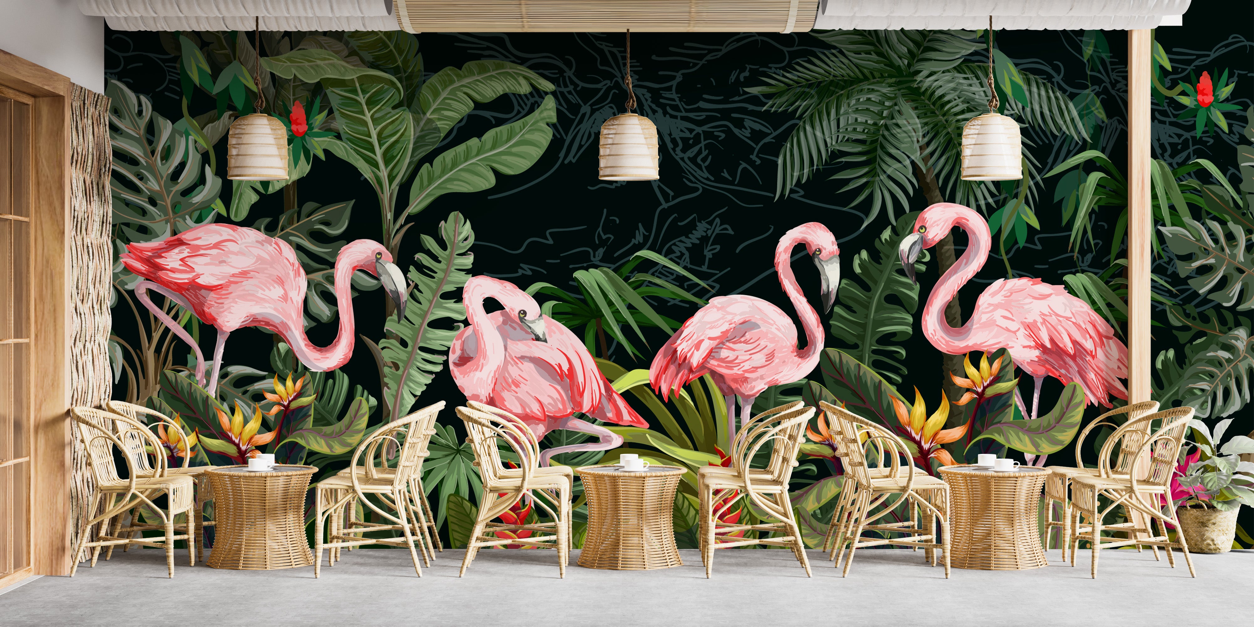 Stylish Flamingos in a Wild Forest Wallpaper