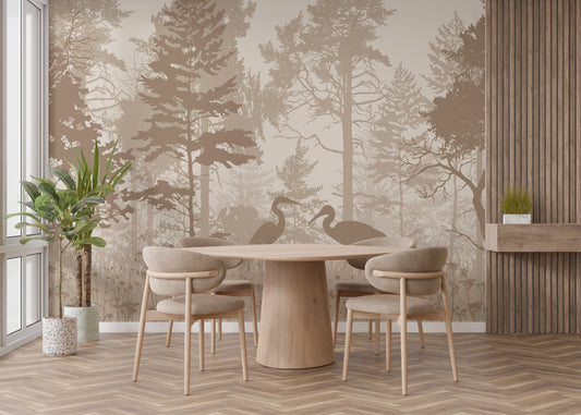 Serene Brown Forest Wallpaper with Herons for Dining