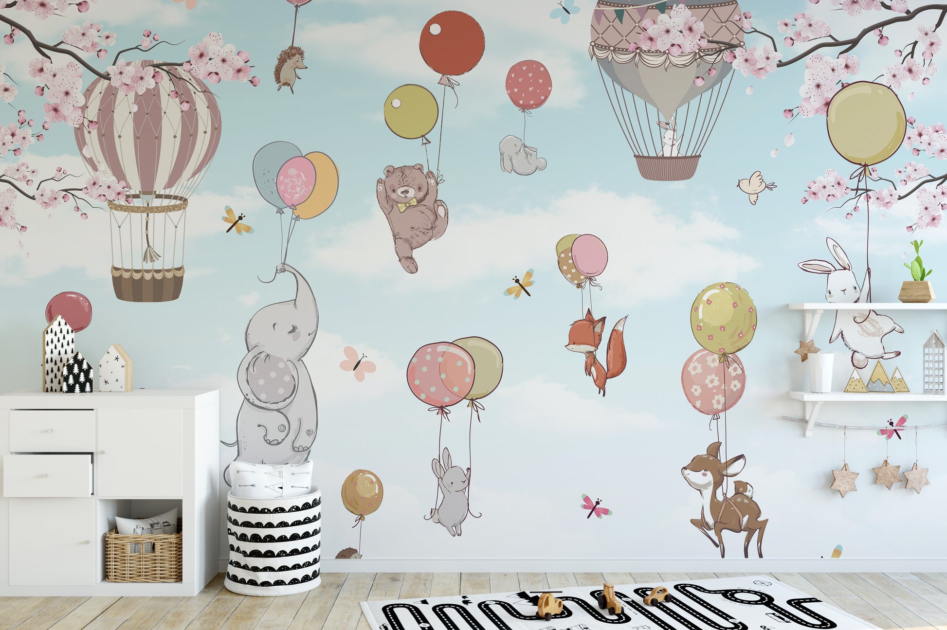 Playful Animals Floating Nursery Wallpaper