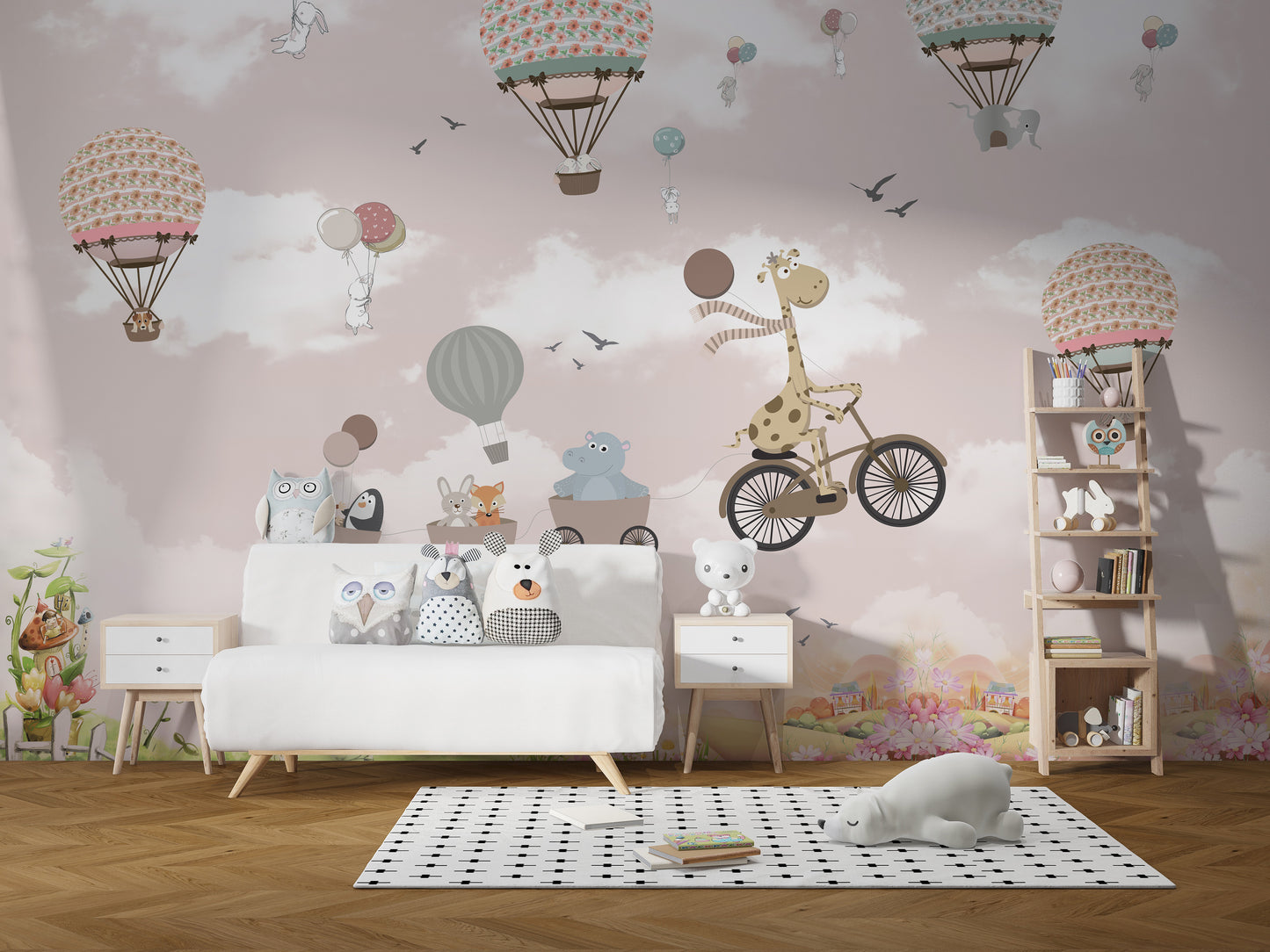 Floating safari animals in balloons wallpaper with pink sky.
