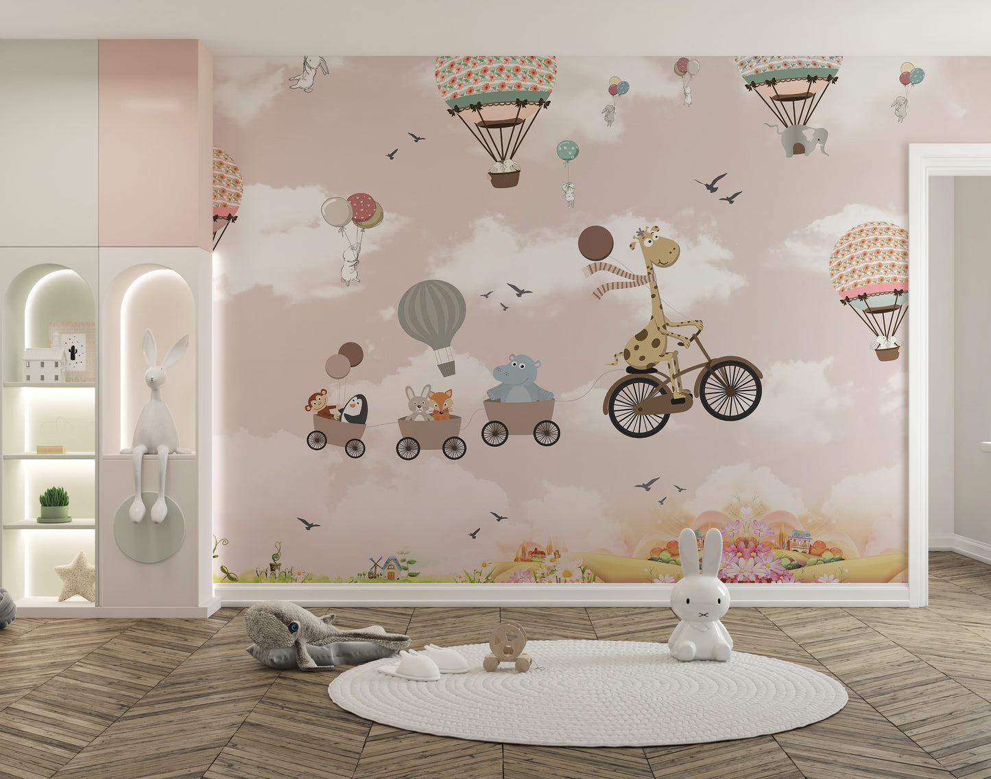 Pink safari balloon animals mural wallpaper for kids' rooms.
