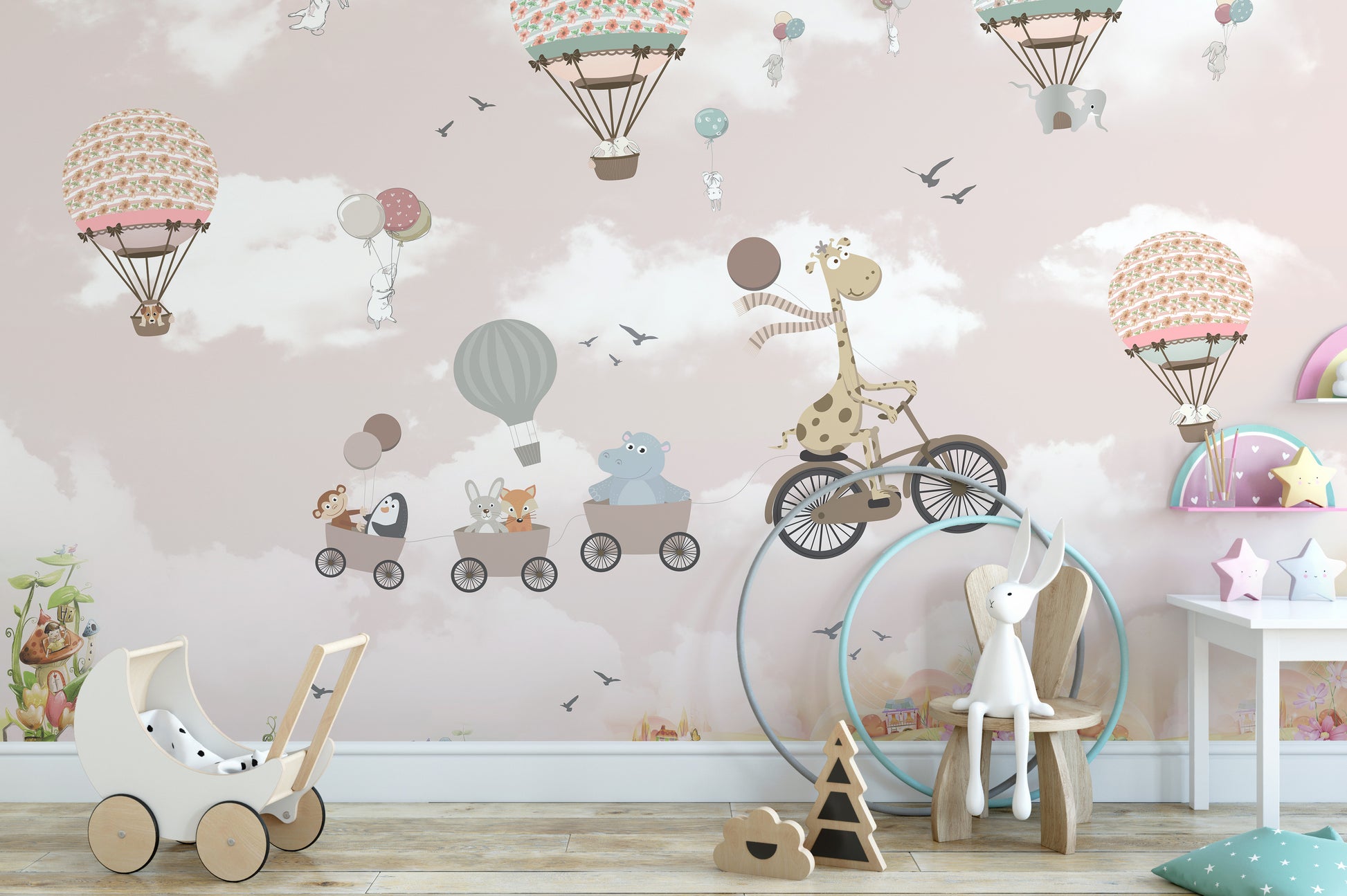 Kids' wallpaper mural with safari animals and pink balloon sky.
