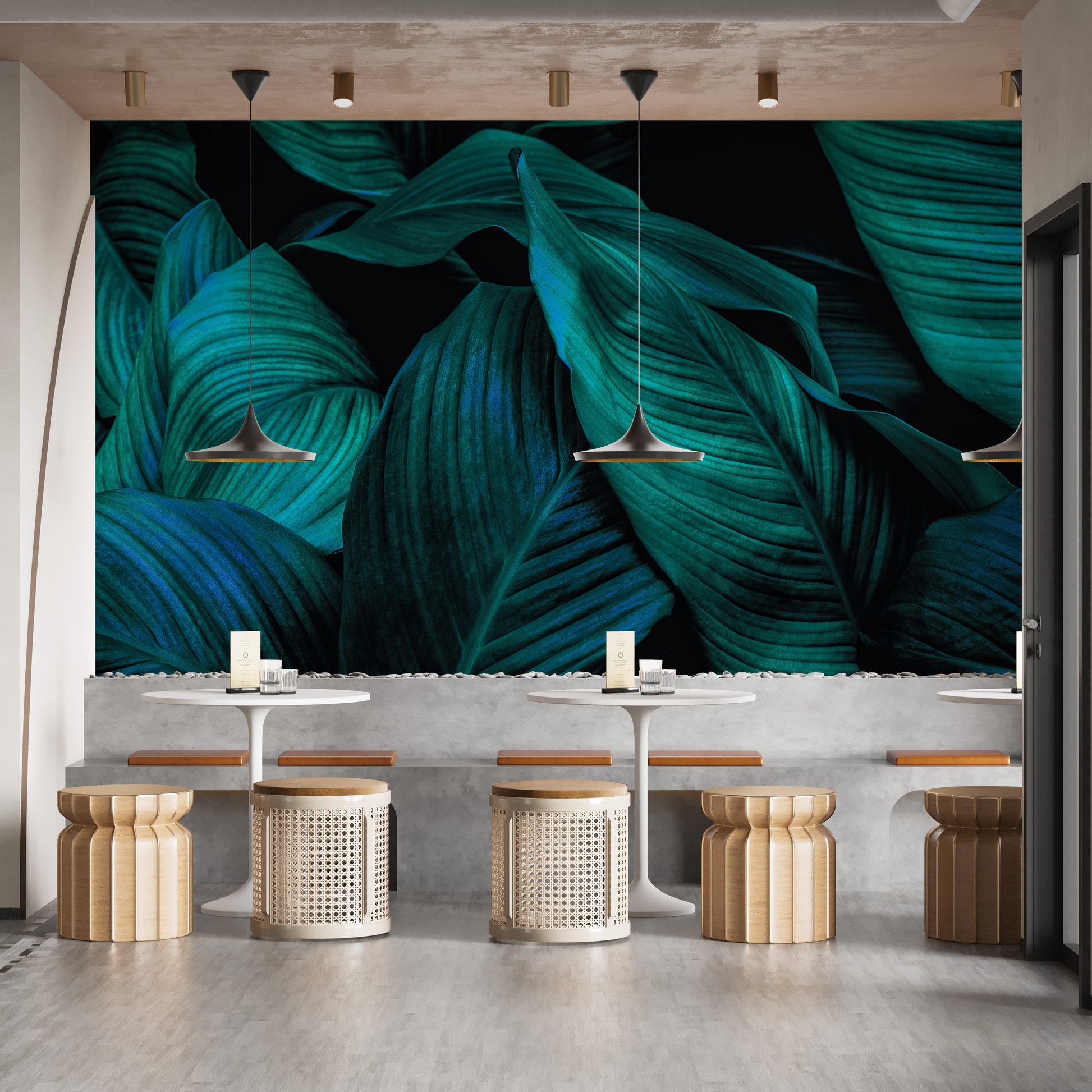 Tropical leaf mural with metallic accents
