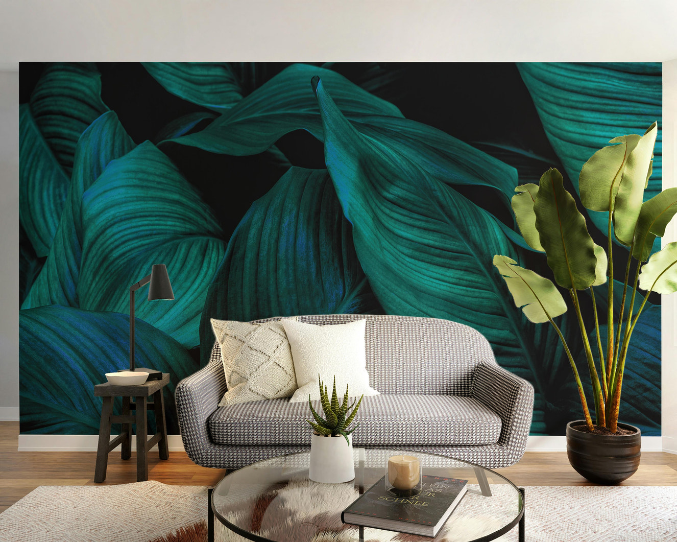 Luxurious tropical foliage wallpaper mural for living area
