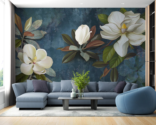 Blue magnolia mural for living spaces
