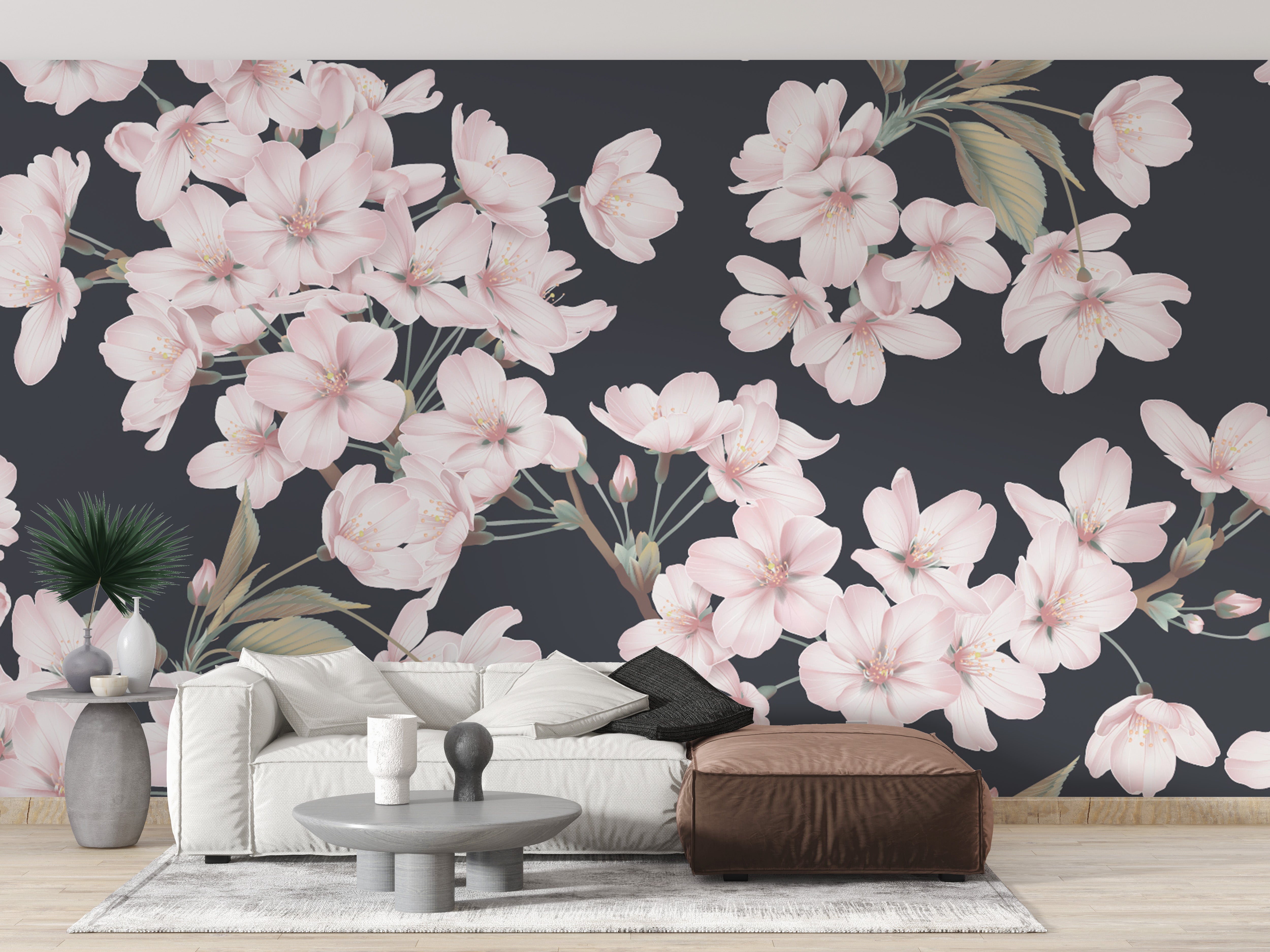 Soft pink floral wallpaper on a dark backdrop
