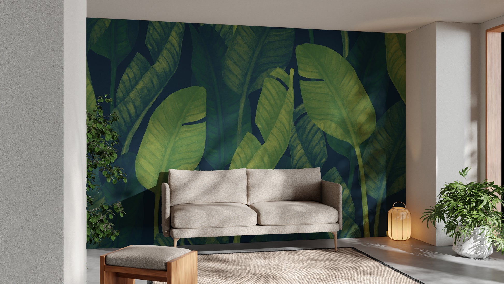 Lush green banana leaf mural for vibrant interiors
