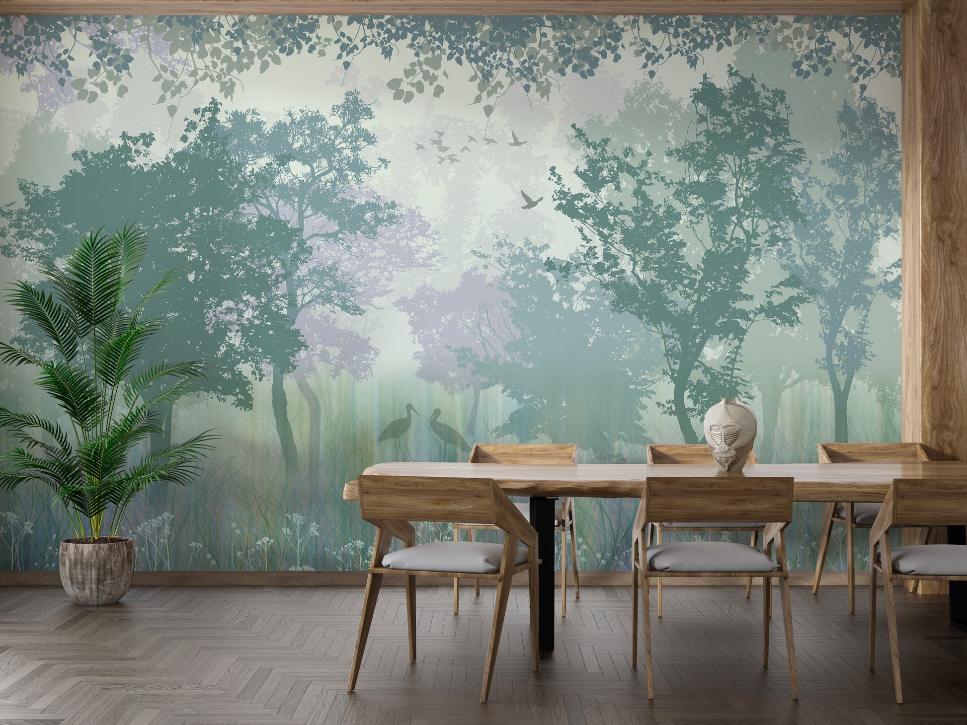 Serene herons in a lush forest mural design
