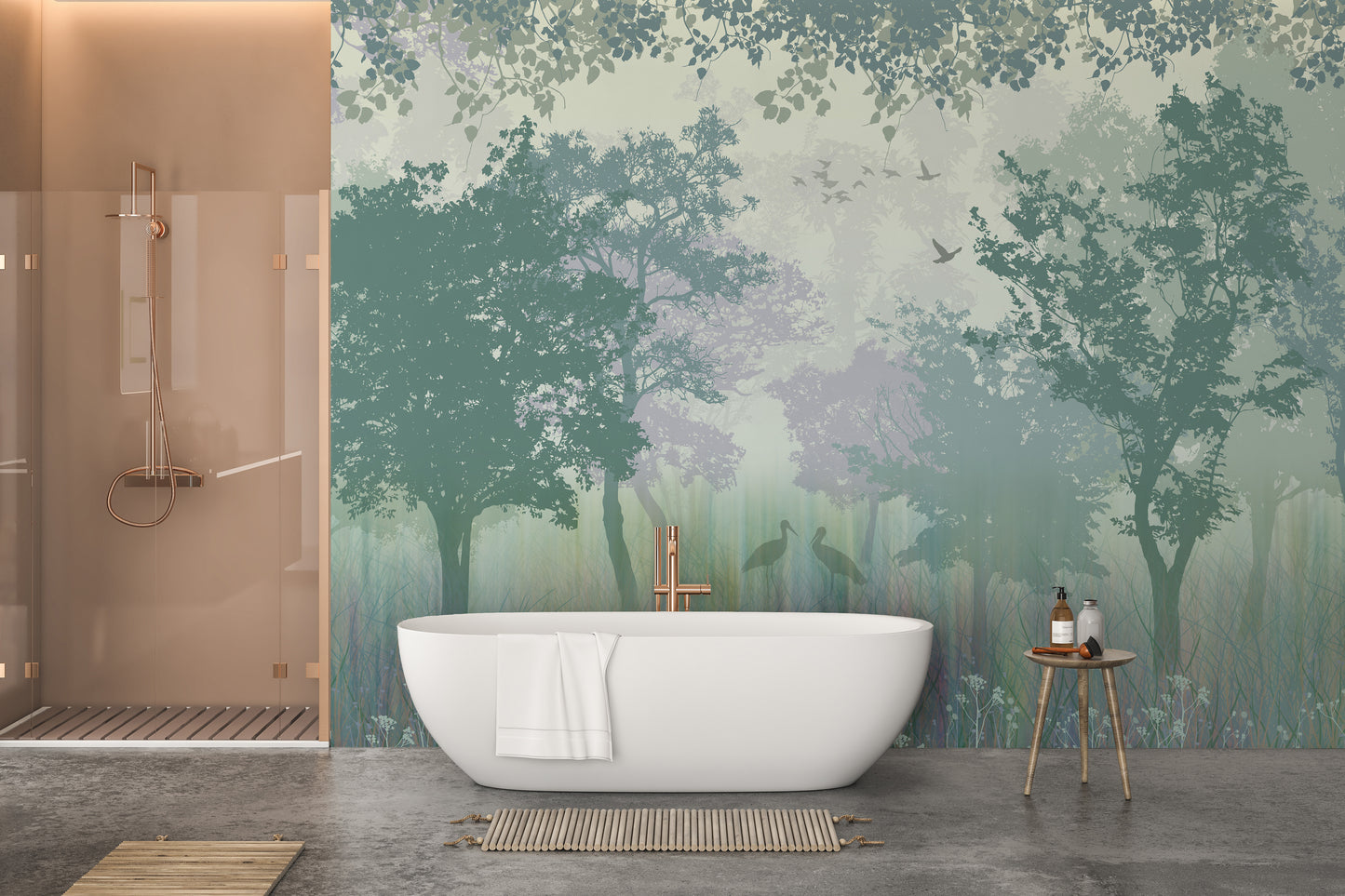 Forest Green Wallpaper with Serene Herons