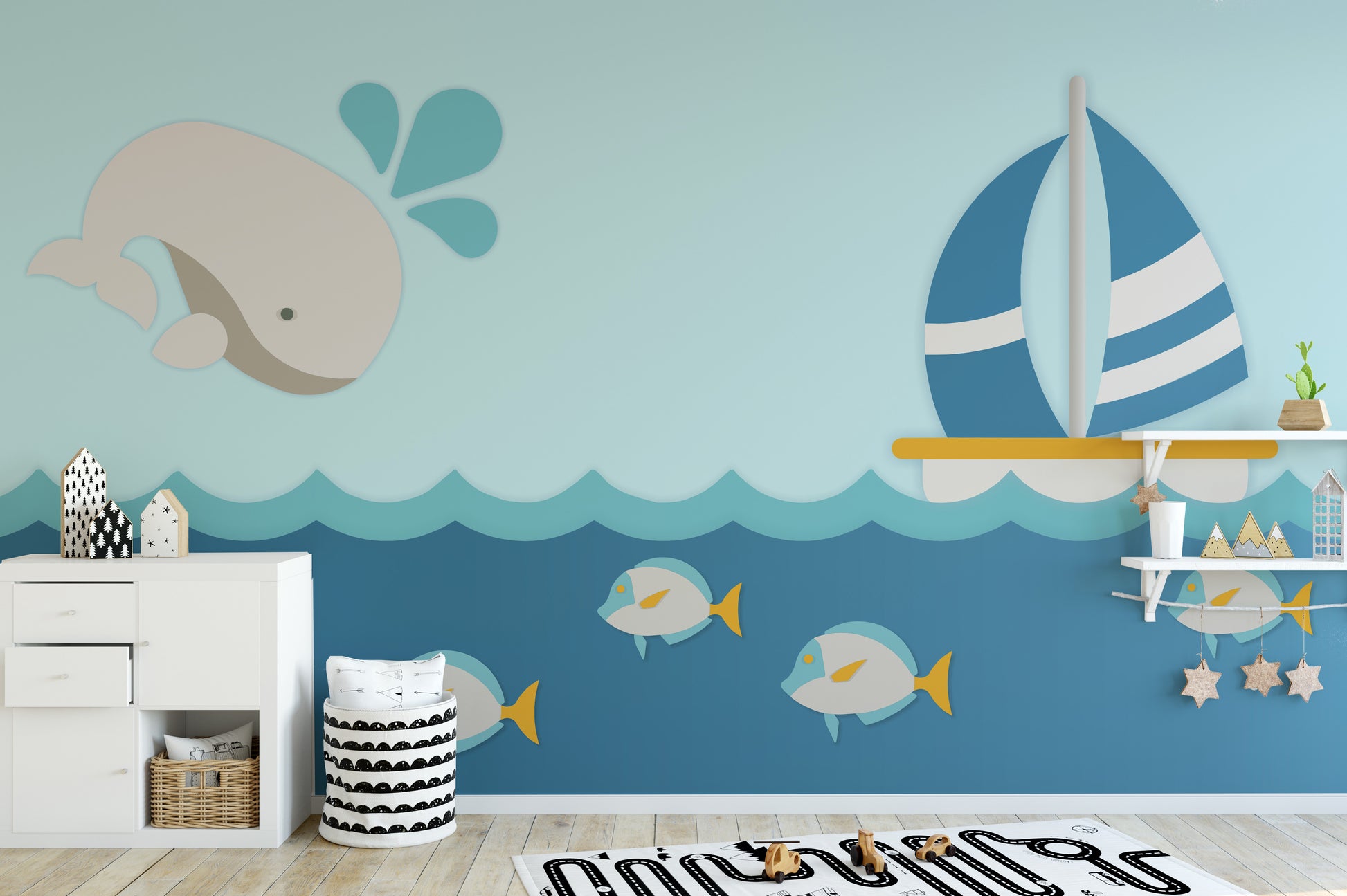 Whale and sailboat nursery mural wallpaper for decor
