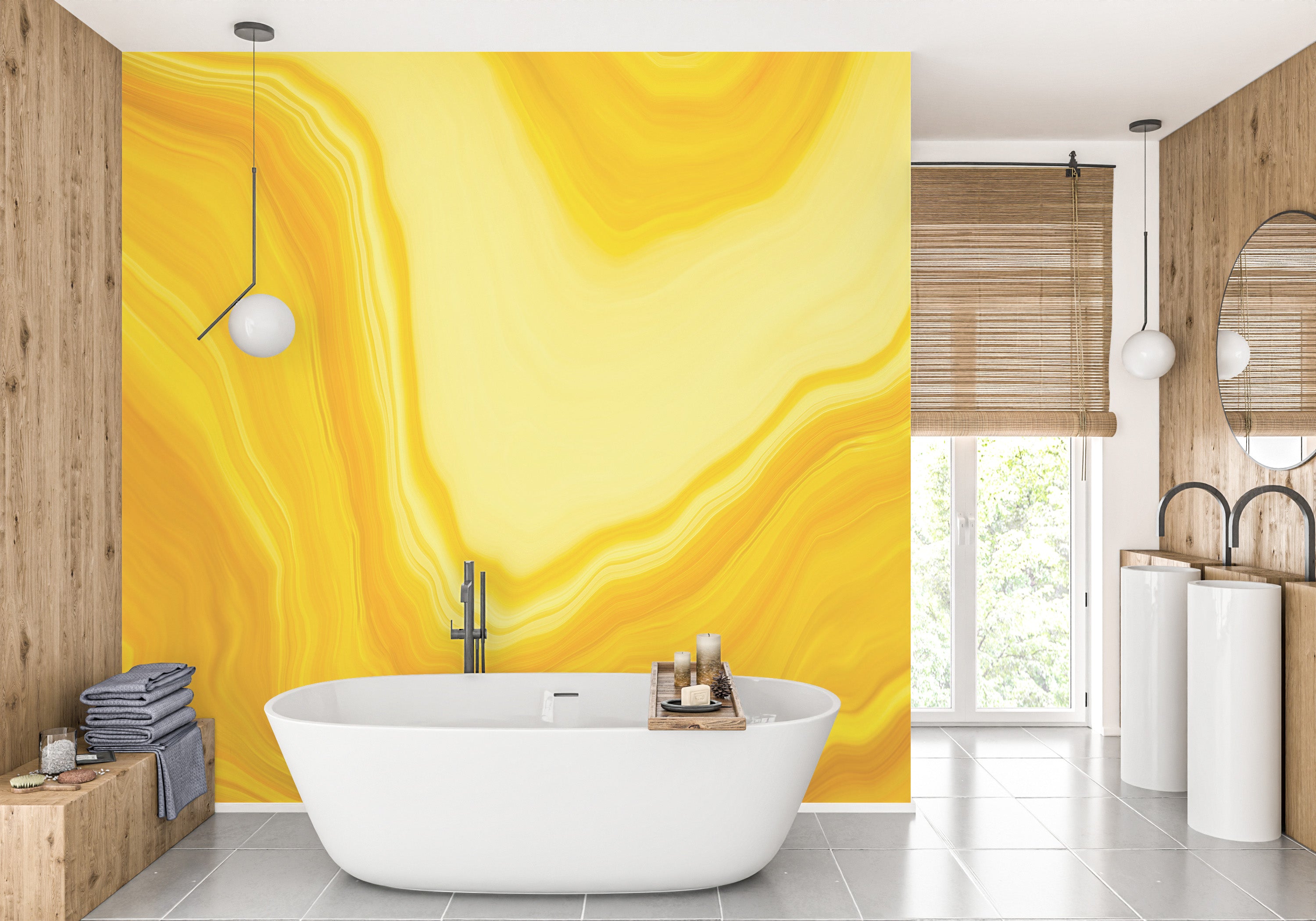 Bright yellow metallic wallpaper mural with swirls
