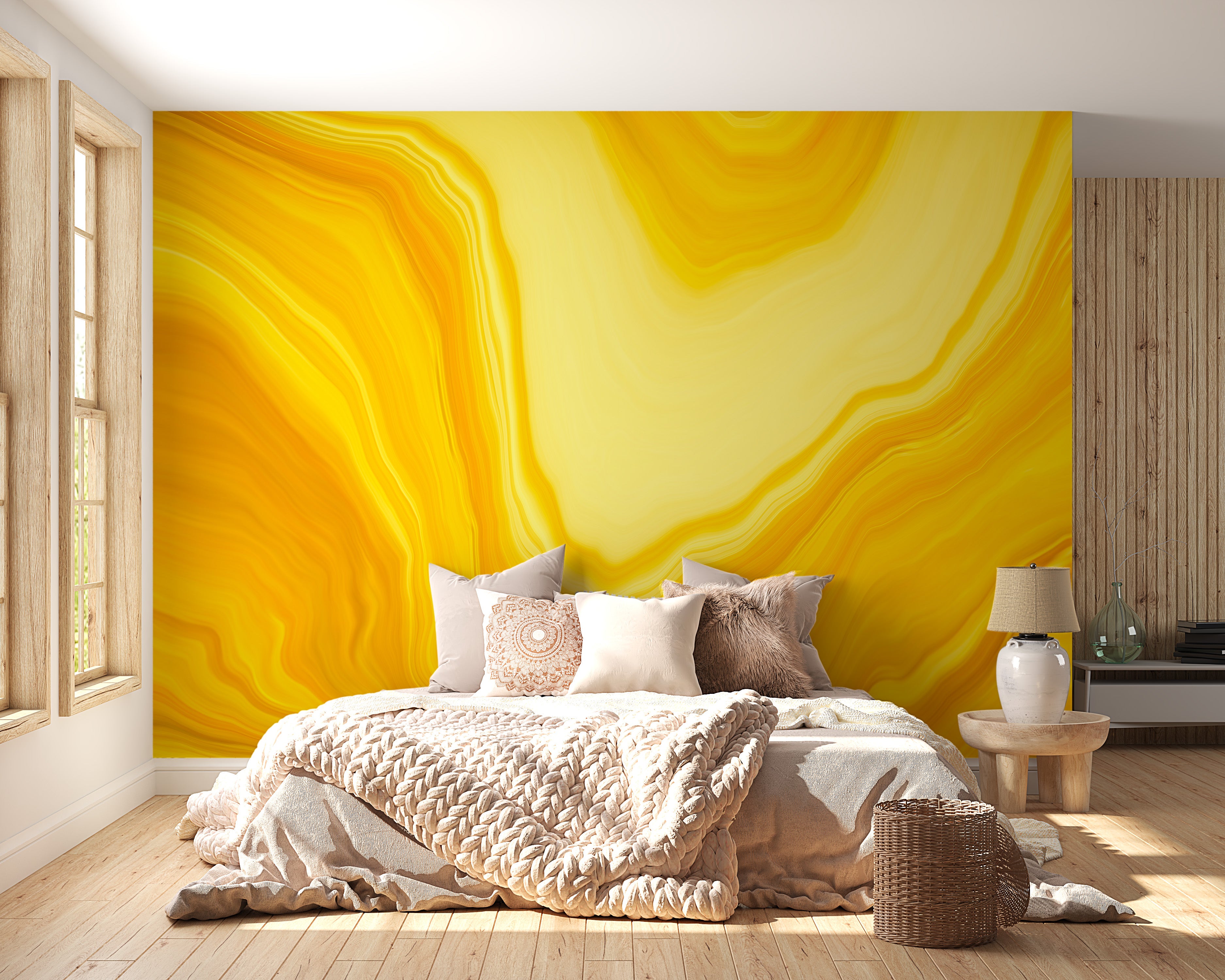 Metallic yellow flowing design mural for walls
