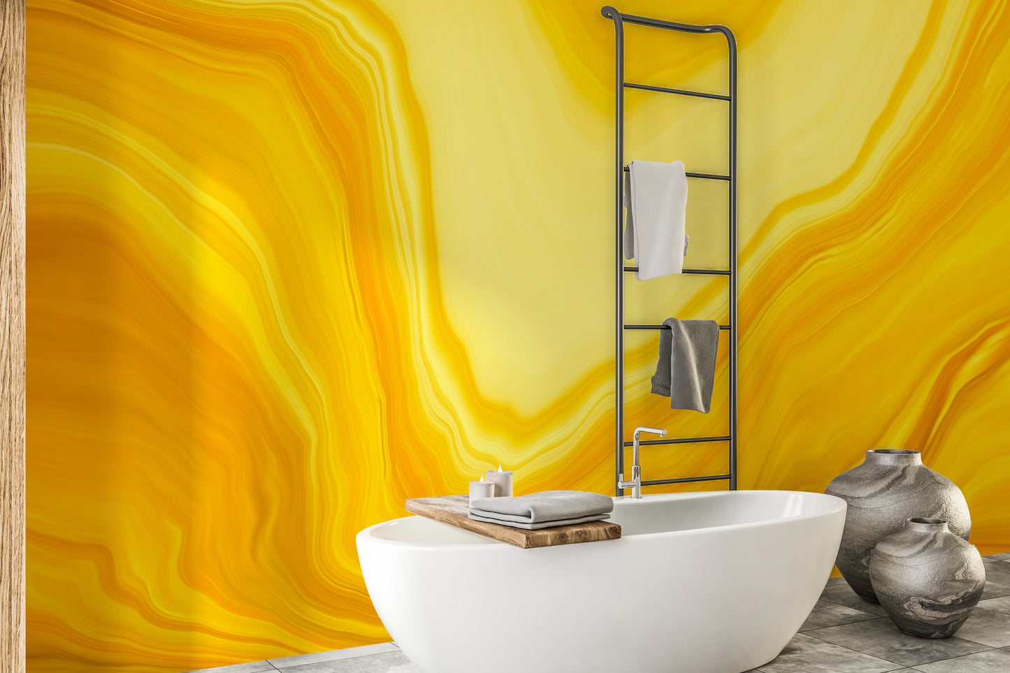 Yellow metallic flow wallpaper mural for interiors
