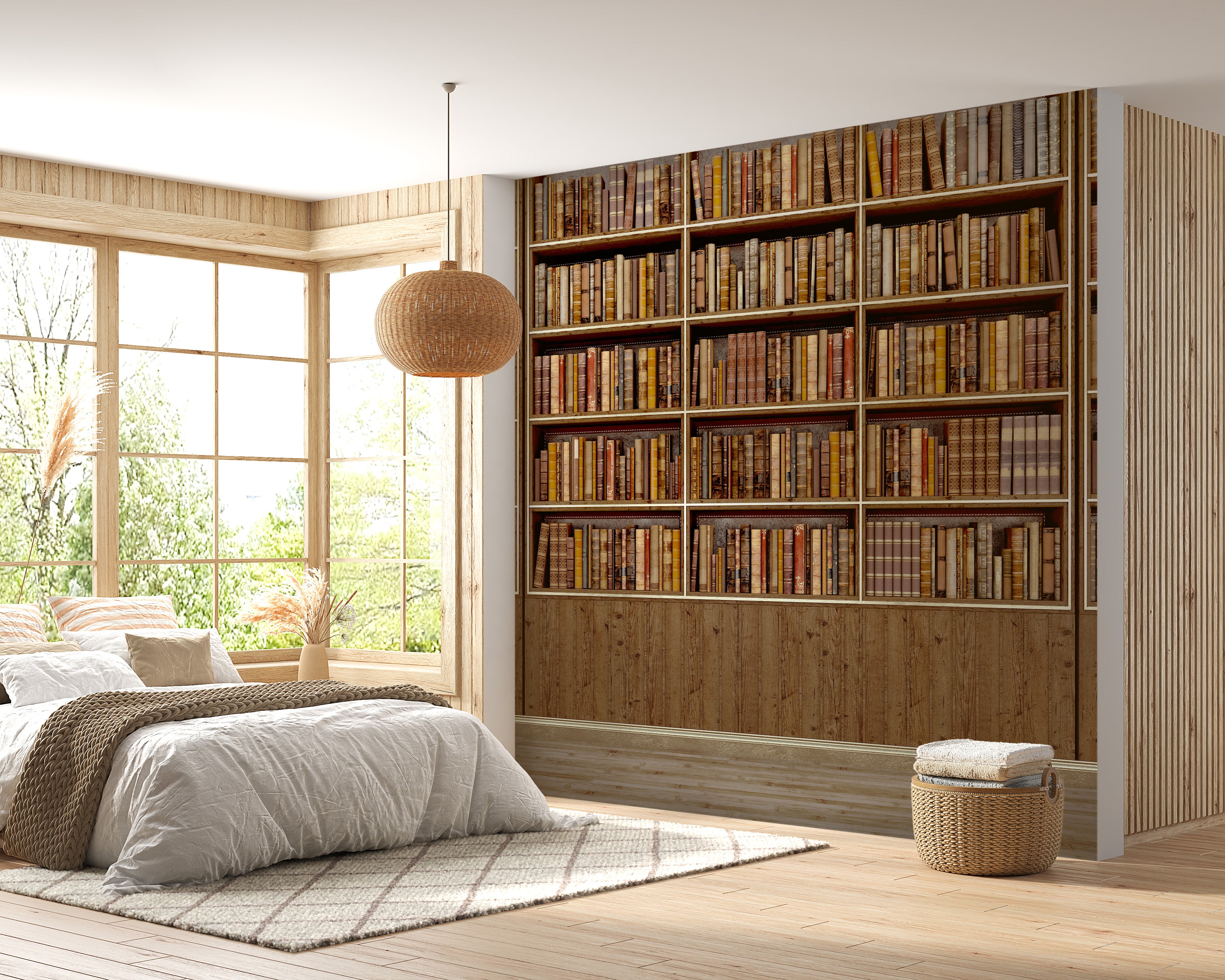 Elegant library bookcase wallpaper mural for home decor
