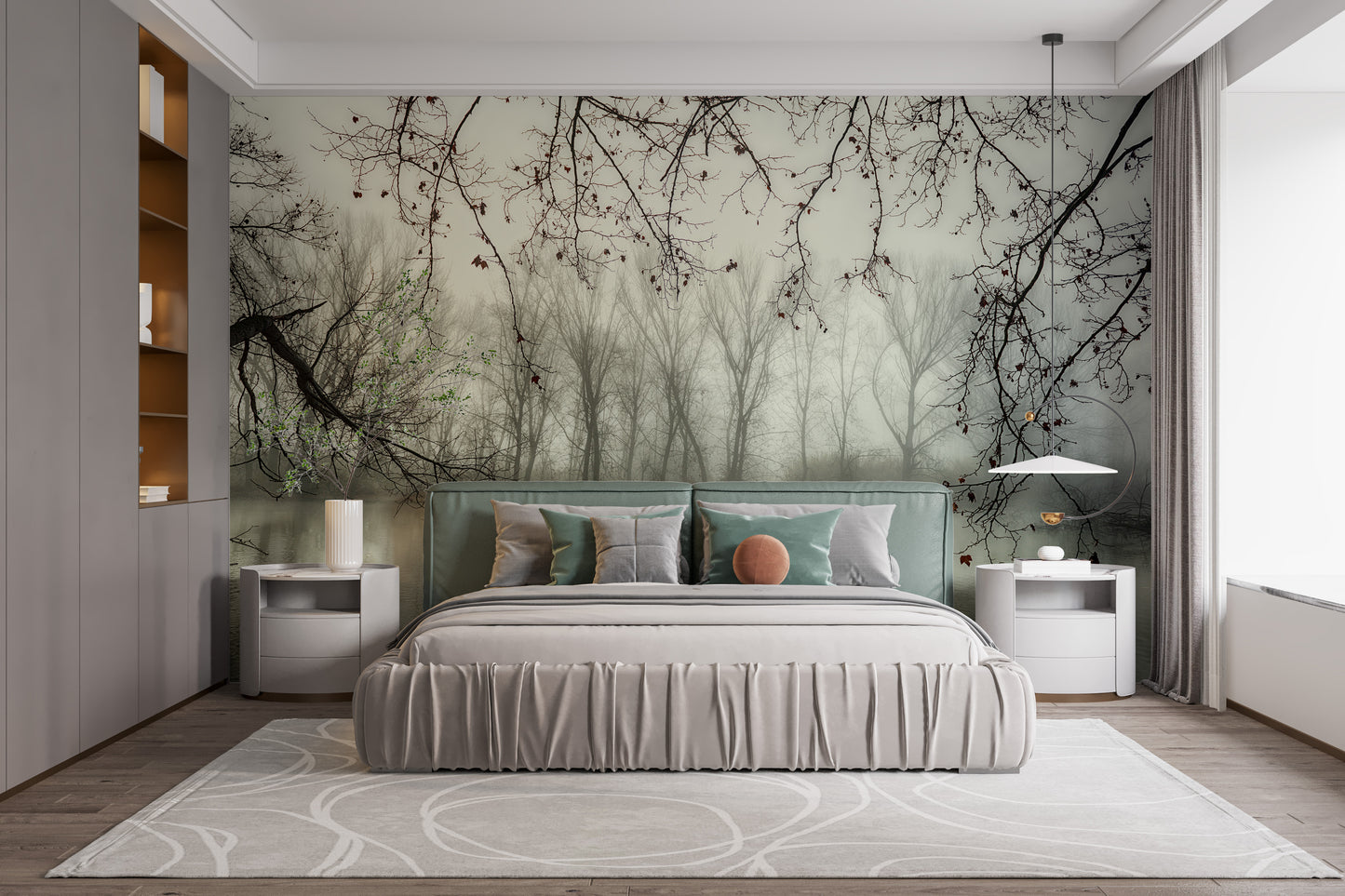 Foggy Spooky Woodland Forest With River Wallpaper Murals