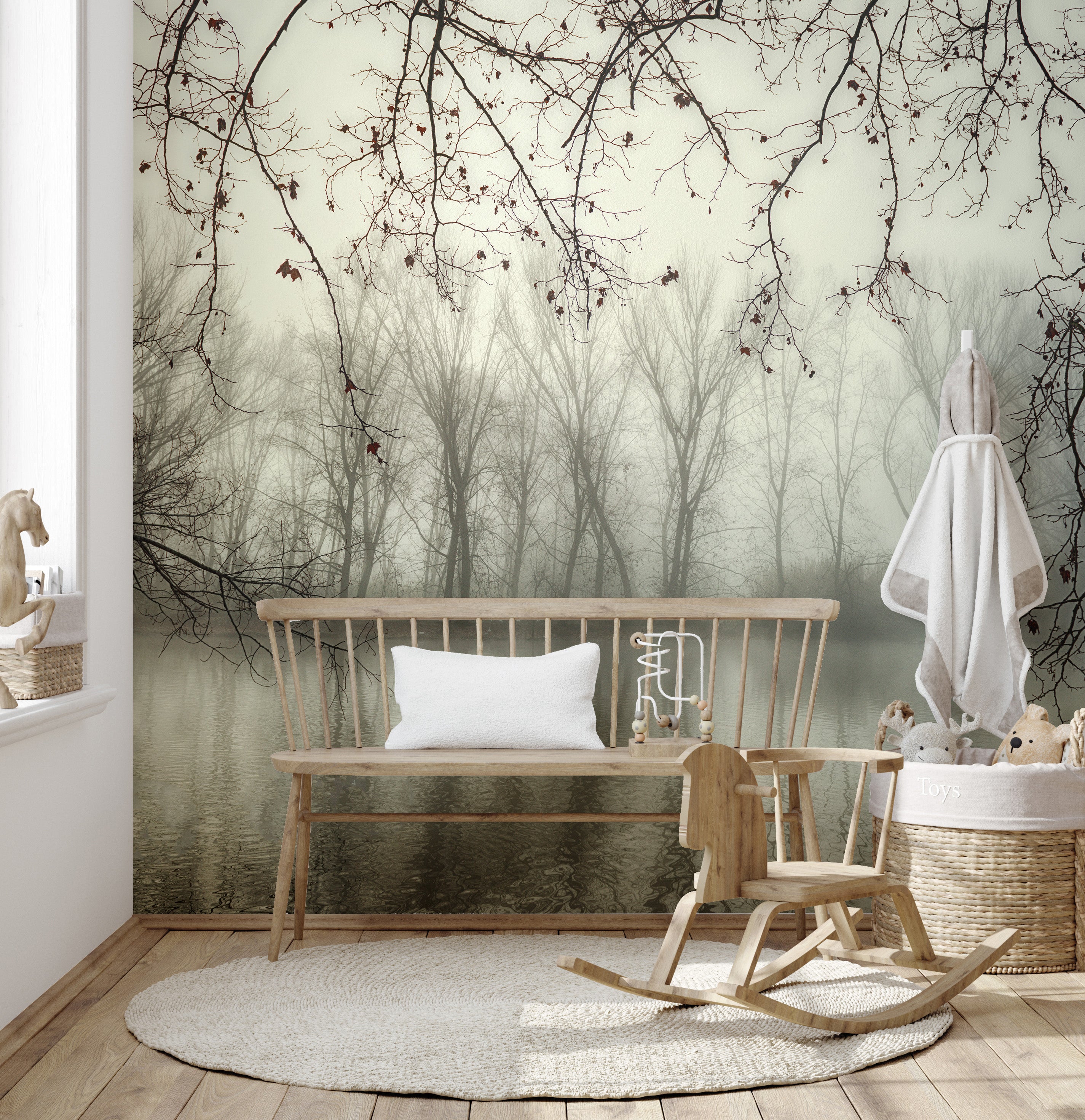 Spooky forest wallpaper mural featuring a serene river
