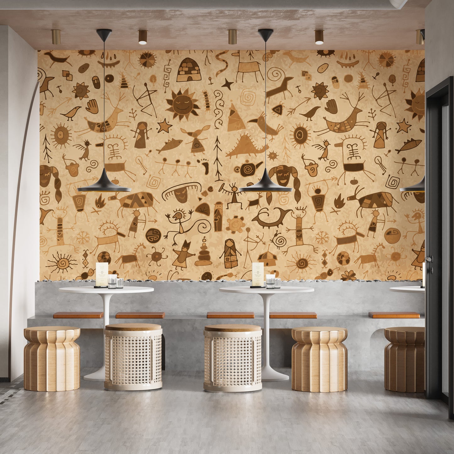 Traditional Warli art wallpaper mural with rock patterns
