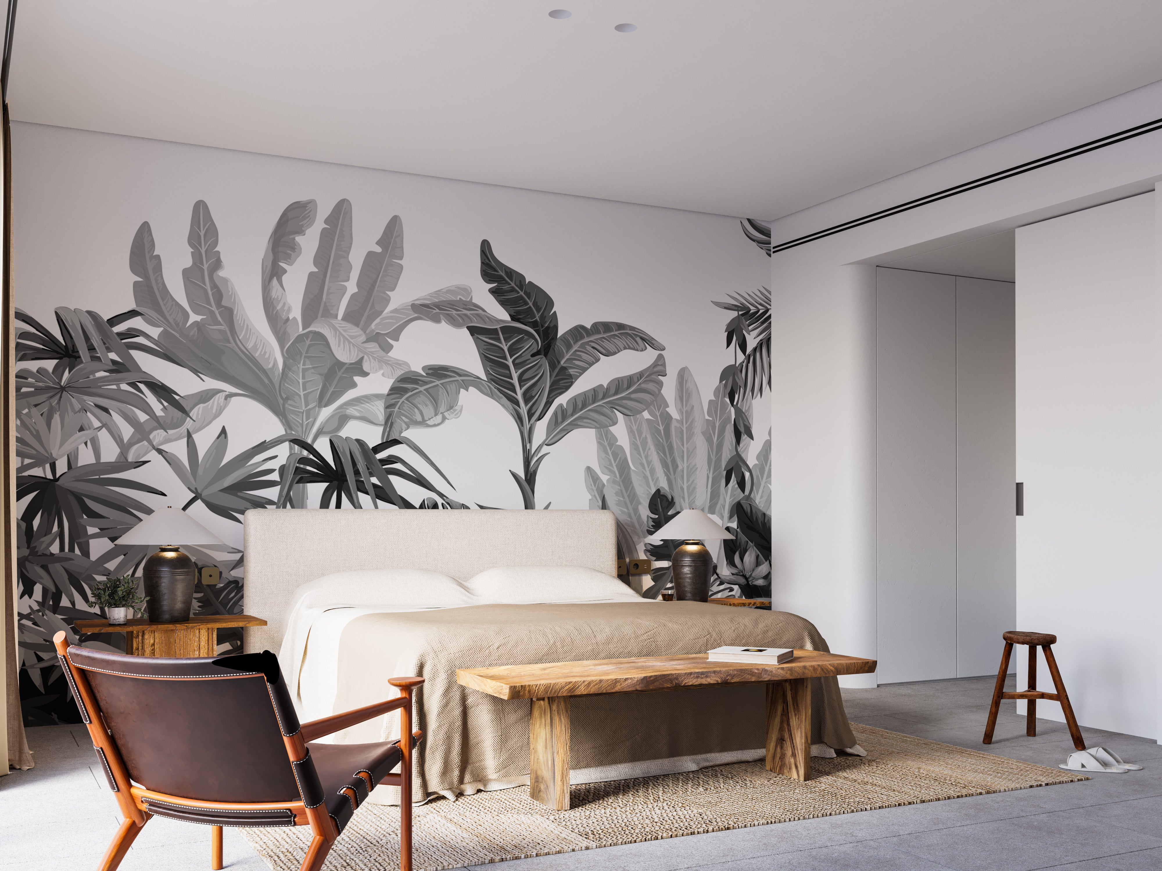 Black and white banana leaves mural for unique walls
