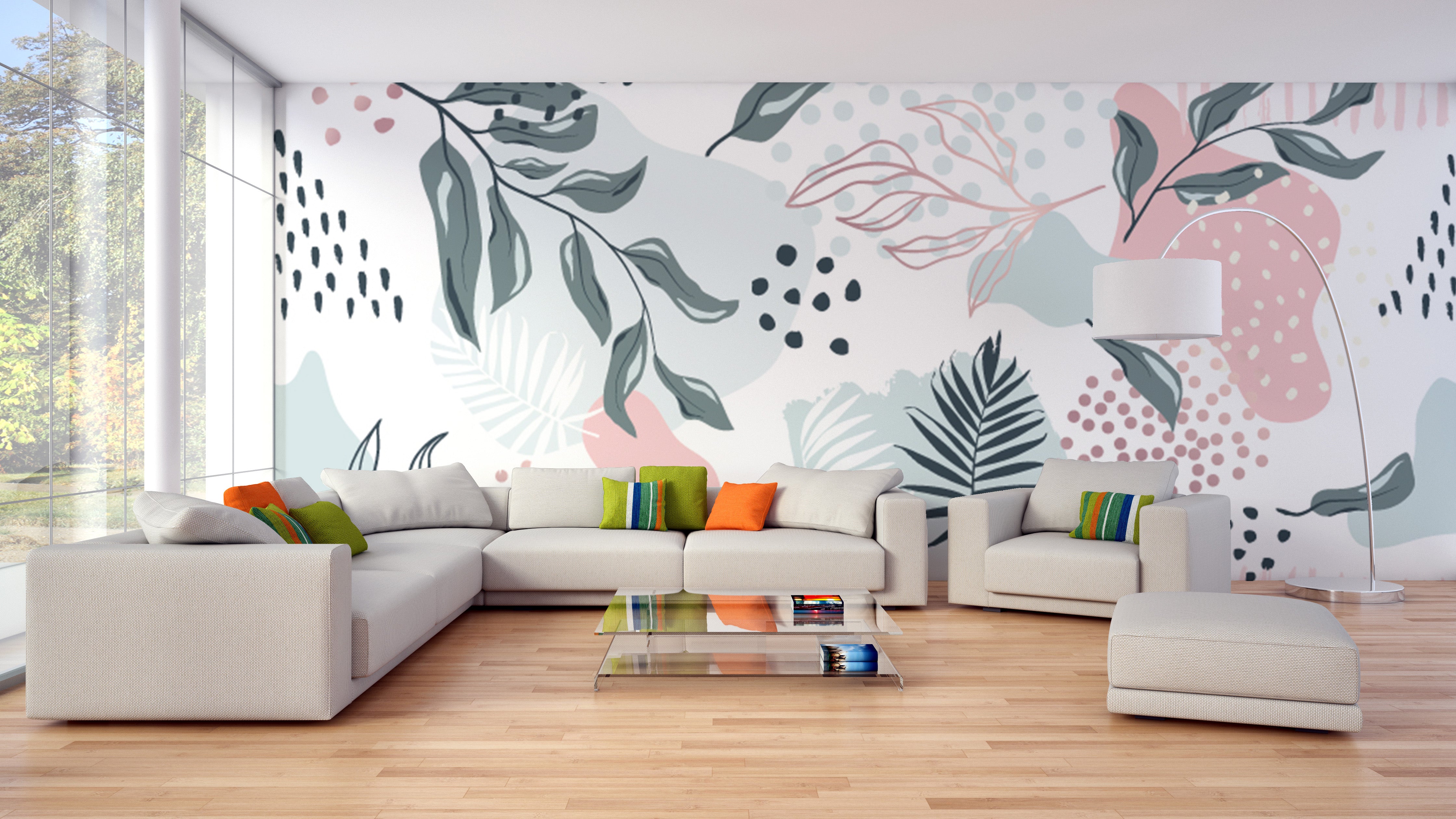 Colorful mural featuring stylish leaf patterns
