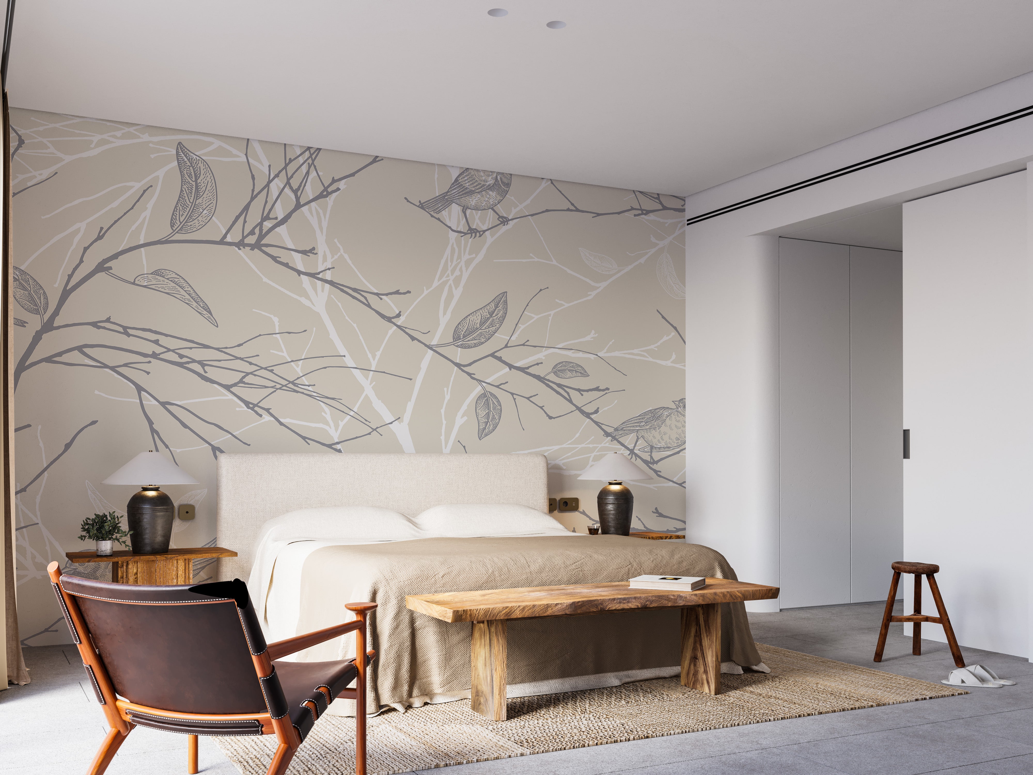 Gray bird mural with vibrant spring florals
