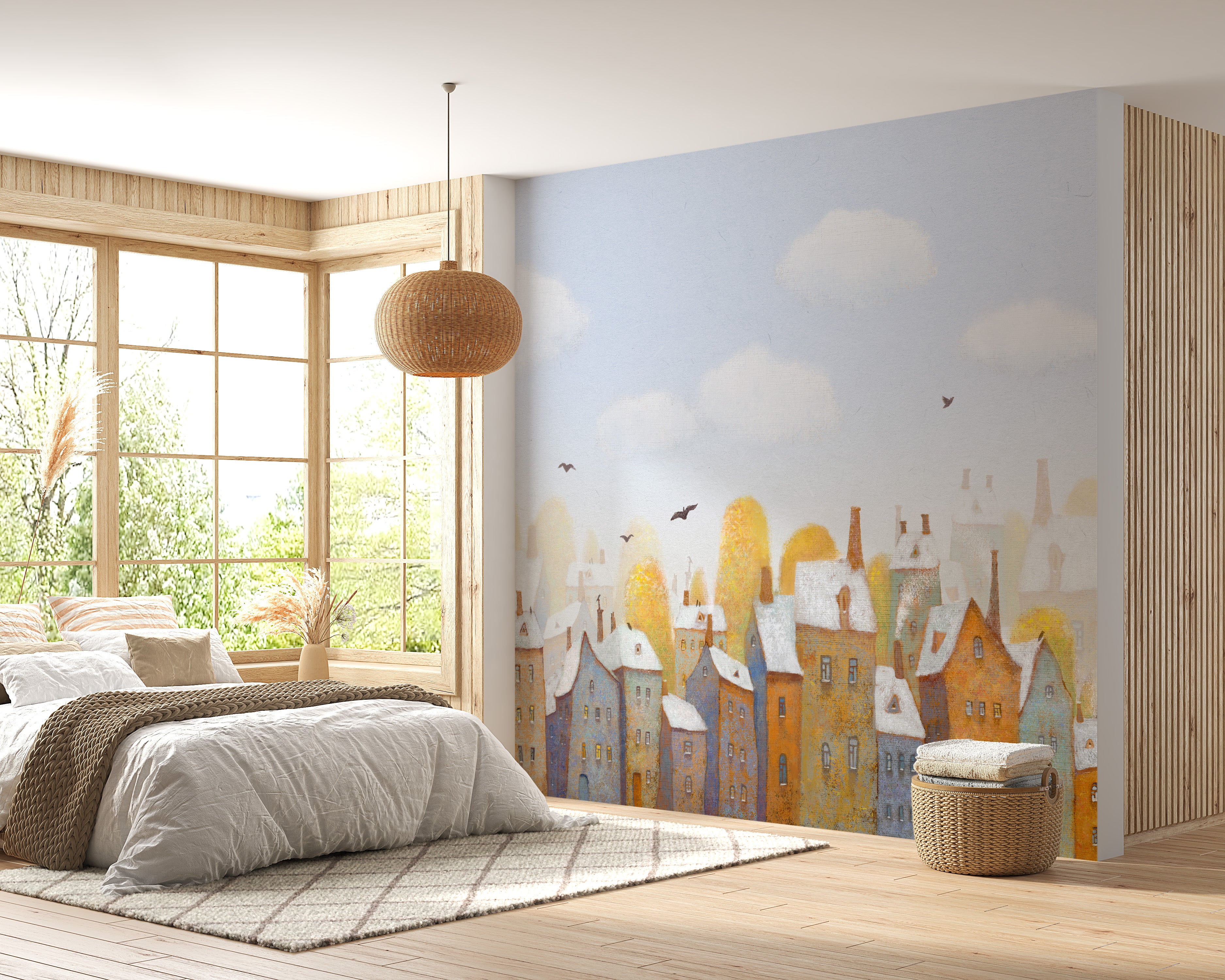 Vibrant watercolor city view mural for walls
