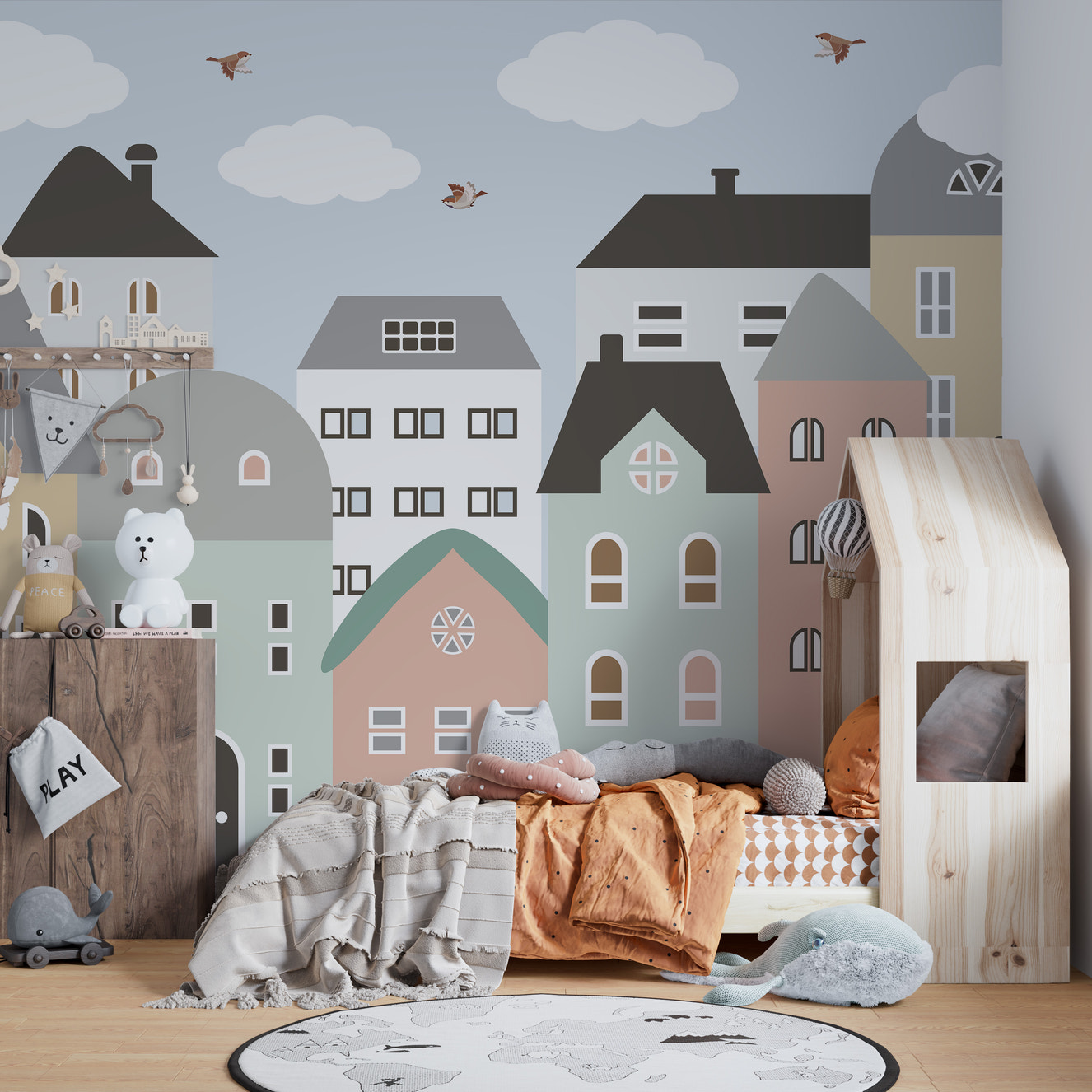 City building mural for kids room decor