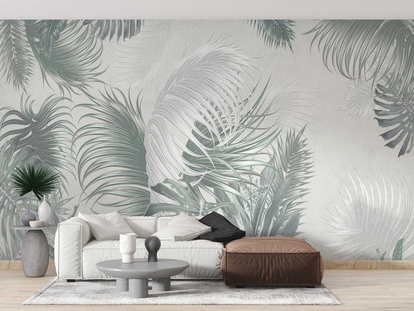 Palm leaves wallpaper with a gray-green theme
