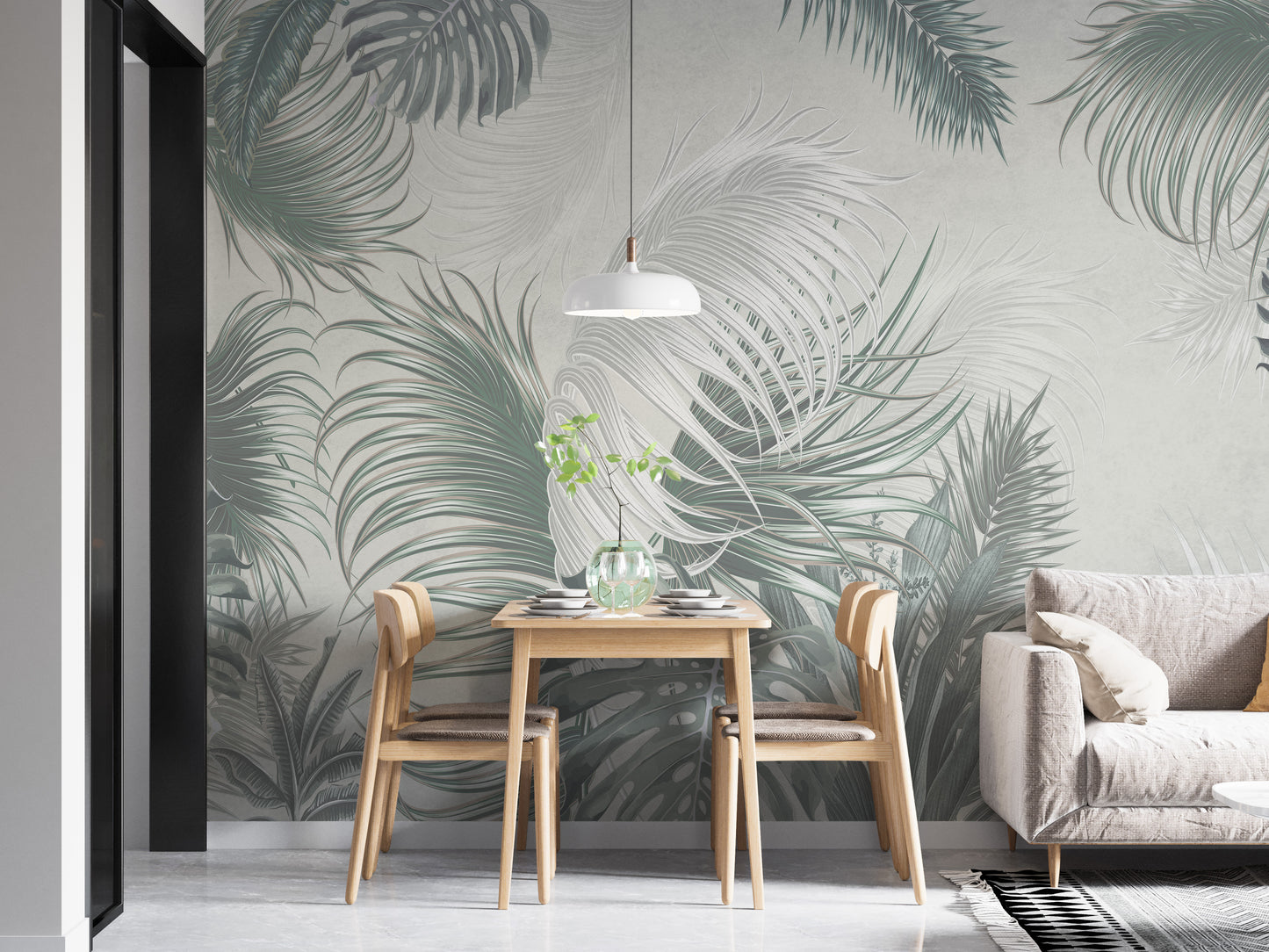 Tropical gray-green palm leaf mural wallpaper
