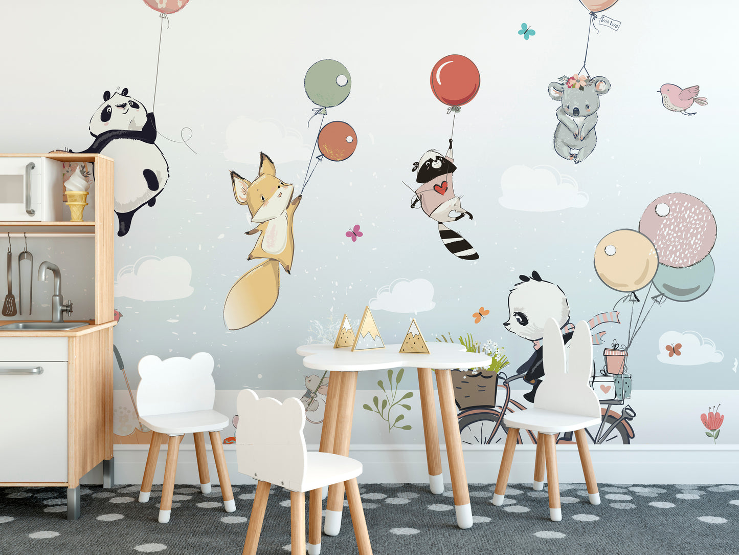 Flying Animals with Balloons in the Air Wallpaper Murals