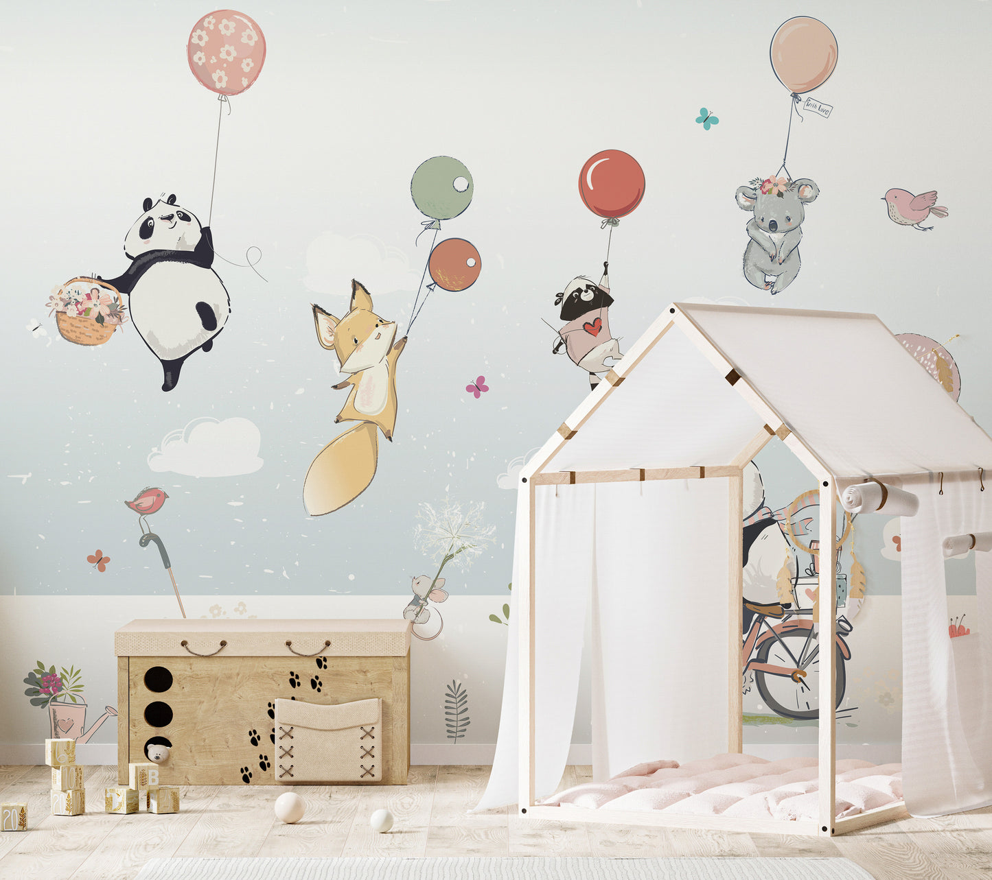 Flying Animals with Balloons in the Air Wallpaper Murals