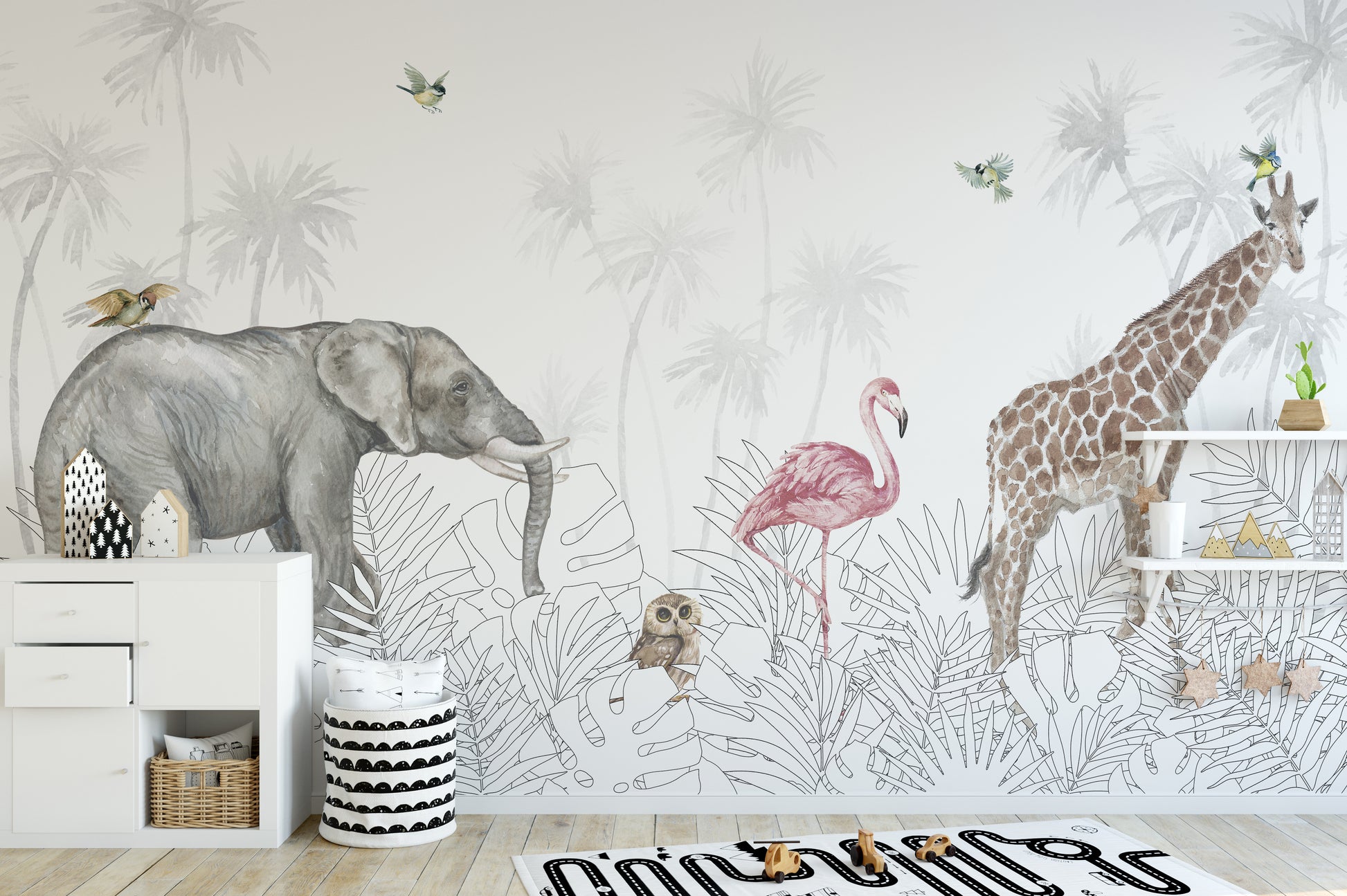 Nursery wallpaper featuring woodland creatures
