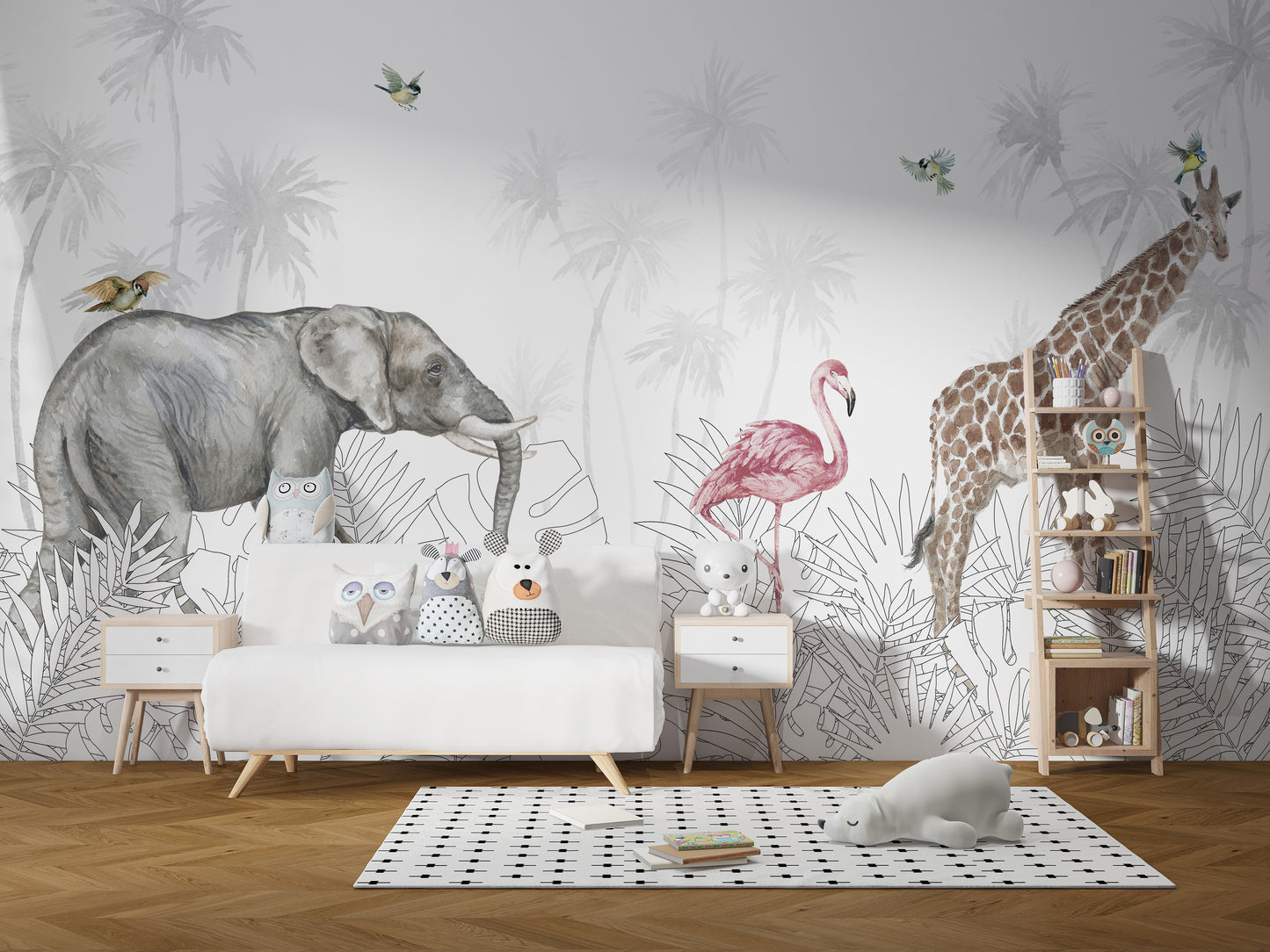 Kids room mural with feral fauna woods theme
