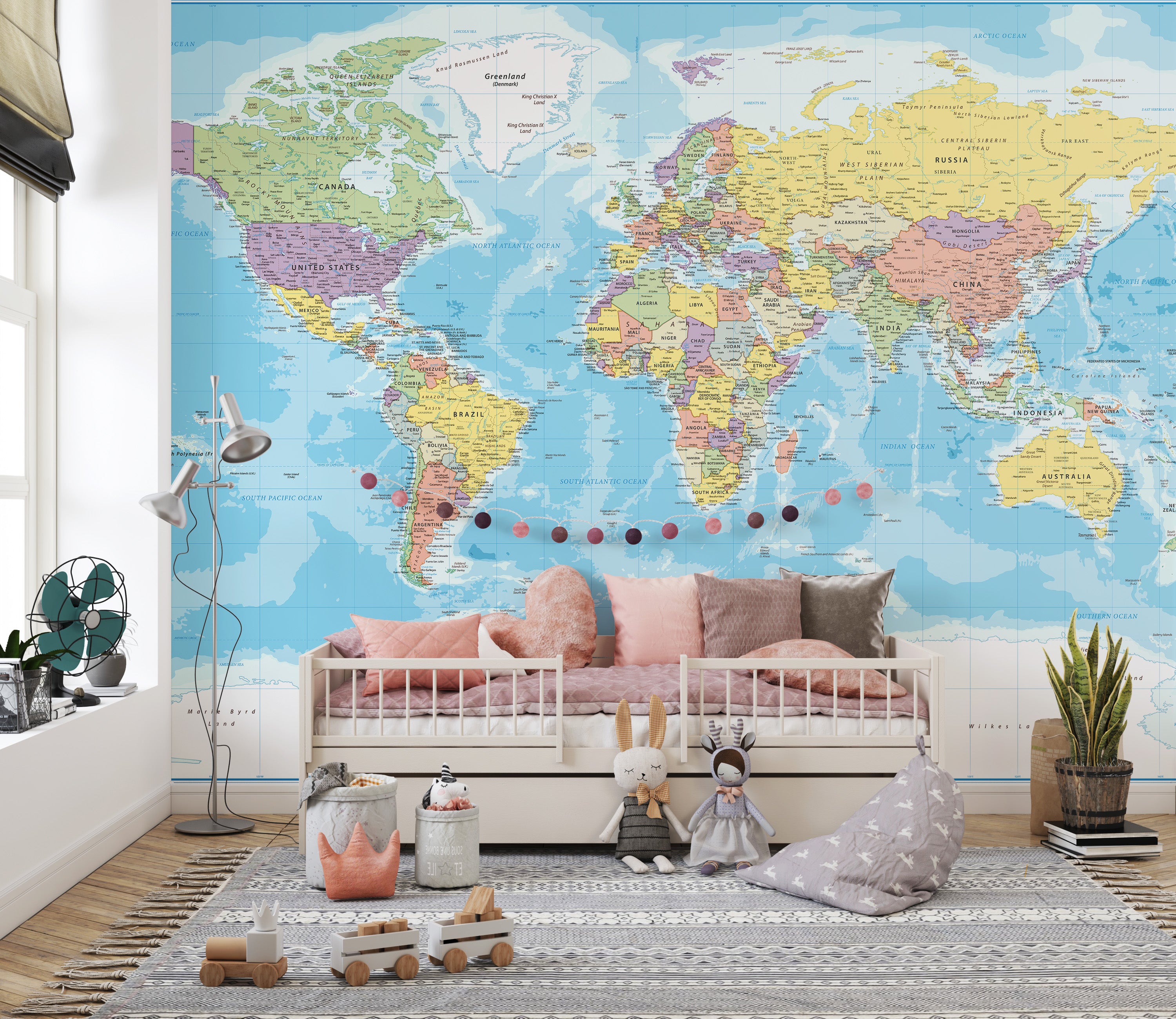 Elegant world map mural in blue shades
