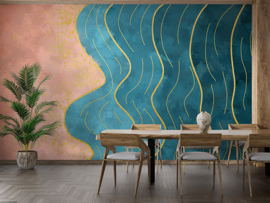 Abstract Wave with Gold Line Wallpaper