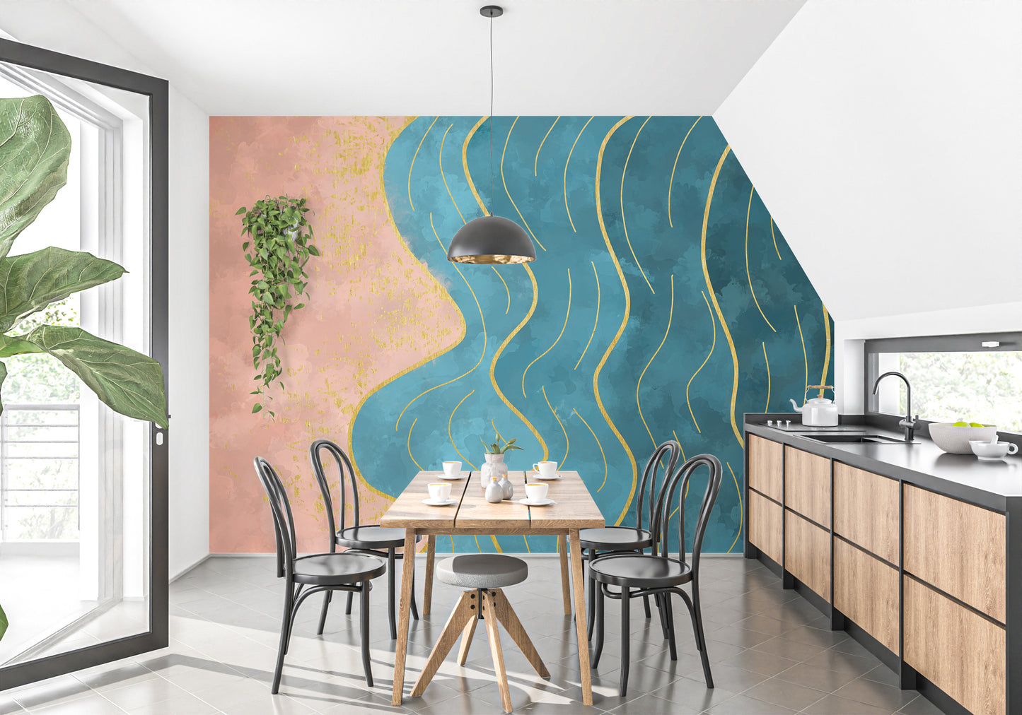 Abstract Wave with Gold Line Wallpaper